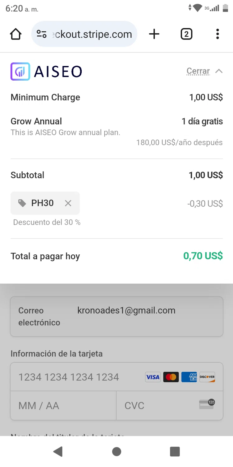 AISEO promo code screenshot showing code PH30 applied at AISEO checkout page. Uploaded by SimplyCodes community member franksanchez on Mar 19, 2025