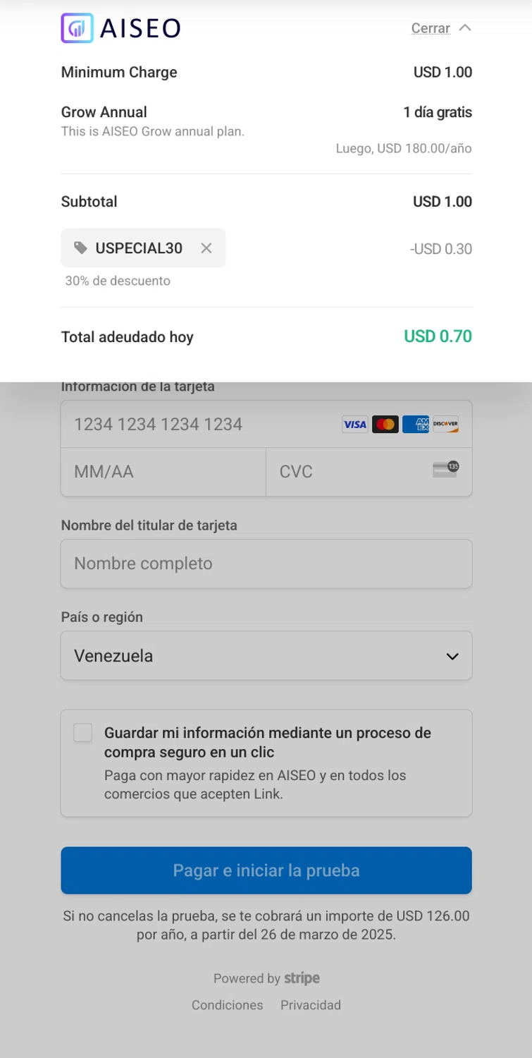 AISEO promo code screenshot showing code USPECIAL30 applied at AISEO checkout page. Uploaded by SimplyCodes community member MarkGrayson on Mar 25, 2025