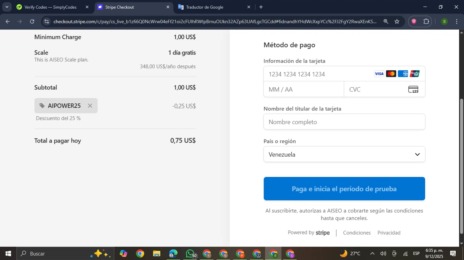 AISEO promo code screenshot showing code AIPOWER25 applied at AISEO checkout page. Uploaded by SimplyCodes community member RewardMaverick445 on Dec 9, 2025