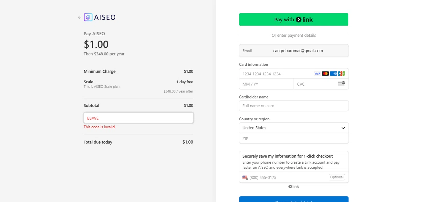 AISEO promo code screenshot showing code AIPOWER25 applied at AISEO checkout page. Uploaded by SimplyCodes community member xHRxUltrax on Mar 9, 2025