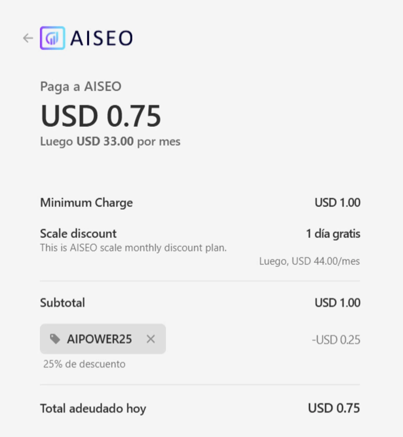 AISEO promo code screenshot showing code AIPOWER25 applied at AISEO checkout page. Uploaded by SimplyCodes community member ESTHER3121 on Dec 9, 2025