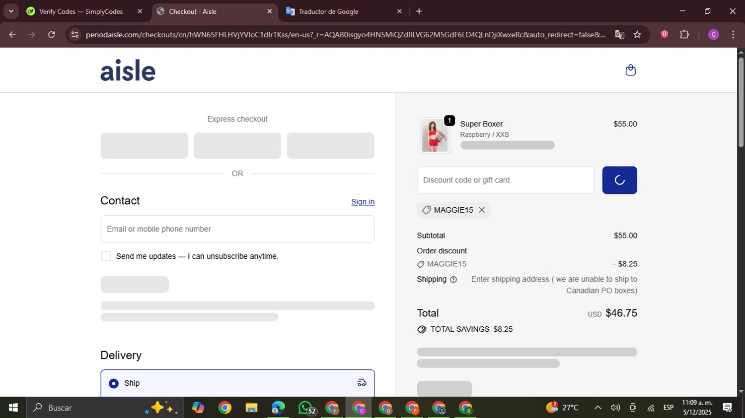 Aisle discount code screenshot showing code MAGGIE15 applied at Aisle checkout page. Uploaded by SimplyCodes community member FrugalPro5078 on Dec 5, 2025