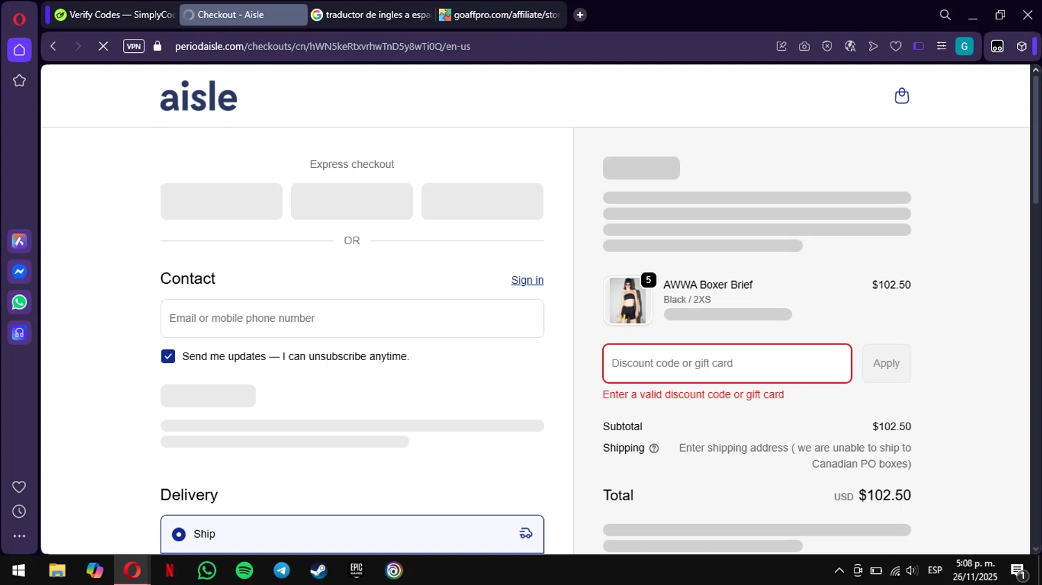 Aisle discount code screenshot showing code MAGGIE15 applied at Aisle checkout page. Uploaded by SimplyCodes community member ValiantWarden3907 on Nov 26, 2025