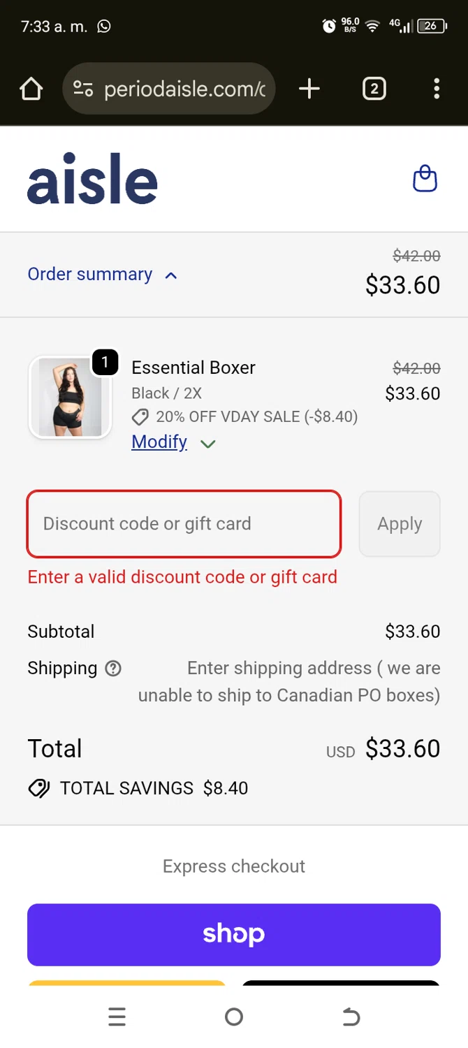 Aisle discount code screenshot showing code WELCOME20 applied at Aisle checkout page. Uploaded by SimplyCodes community member TokenAce5969 on Feb 6, 2026