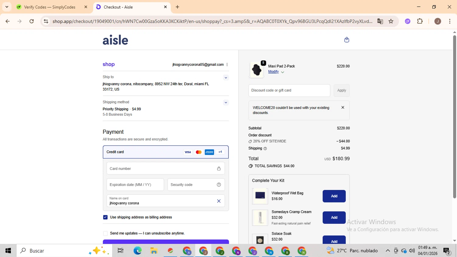 Aisle discount code screenshot showing code WELCOME20 applied at Aisle checkout page. Uploaded by SimplyCodes community member ValiantHero2365 on Jan 4, 2026