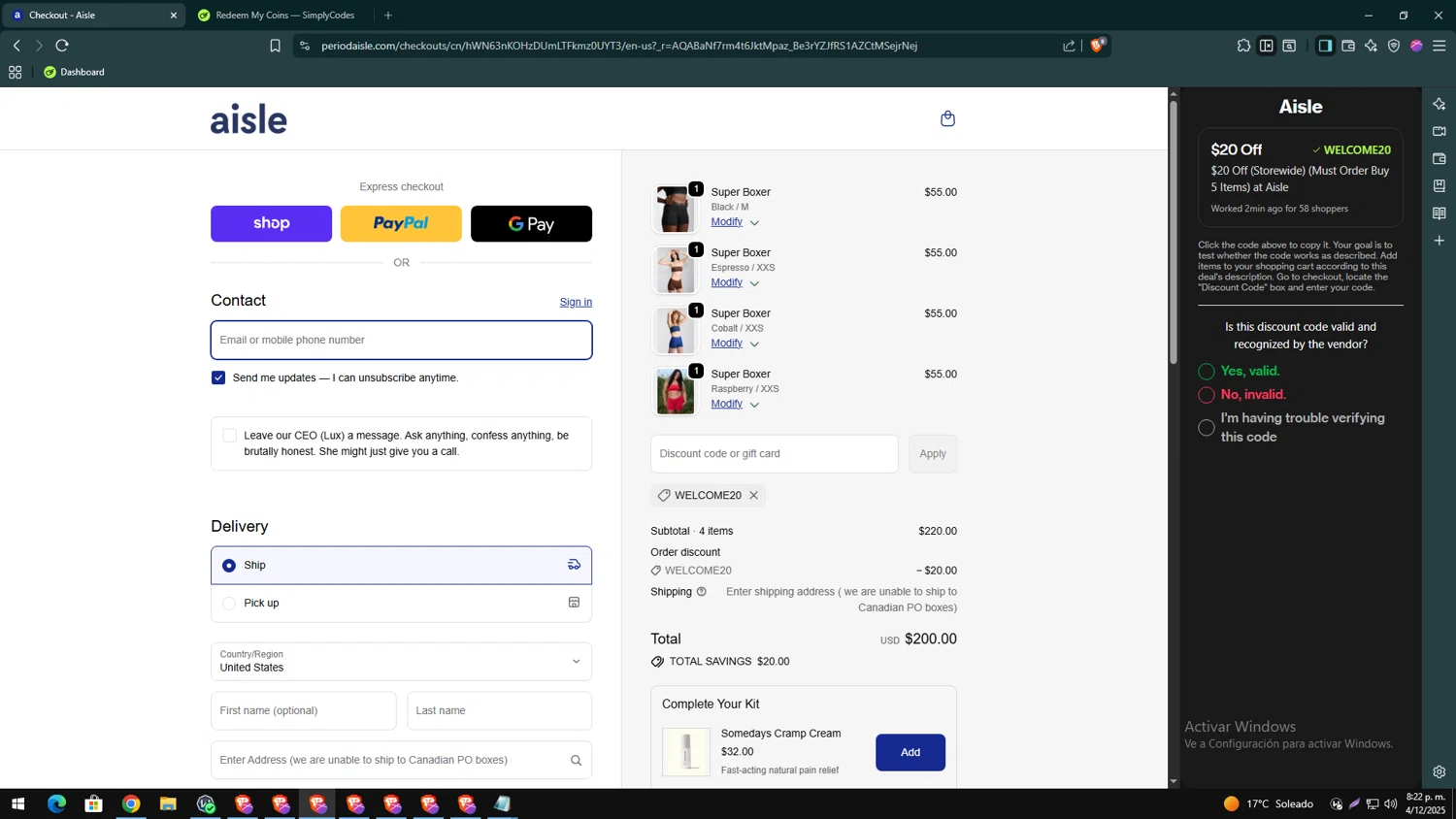 Aisle discount code screenshot showing code WELCOME20 applied at Aisle checkout page. Uploaded by SimplyCodes community member yesenia on Dec 5, 2025