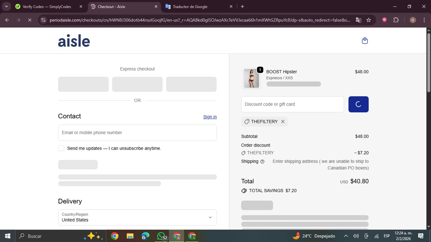 Aisle checkout page showing Aisle discount code box | Screenshot taken by SimplyCodes community member on Feb 2, 2026
