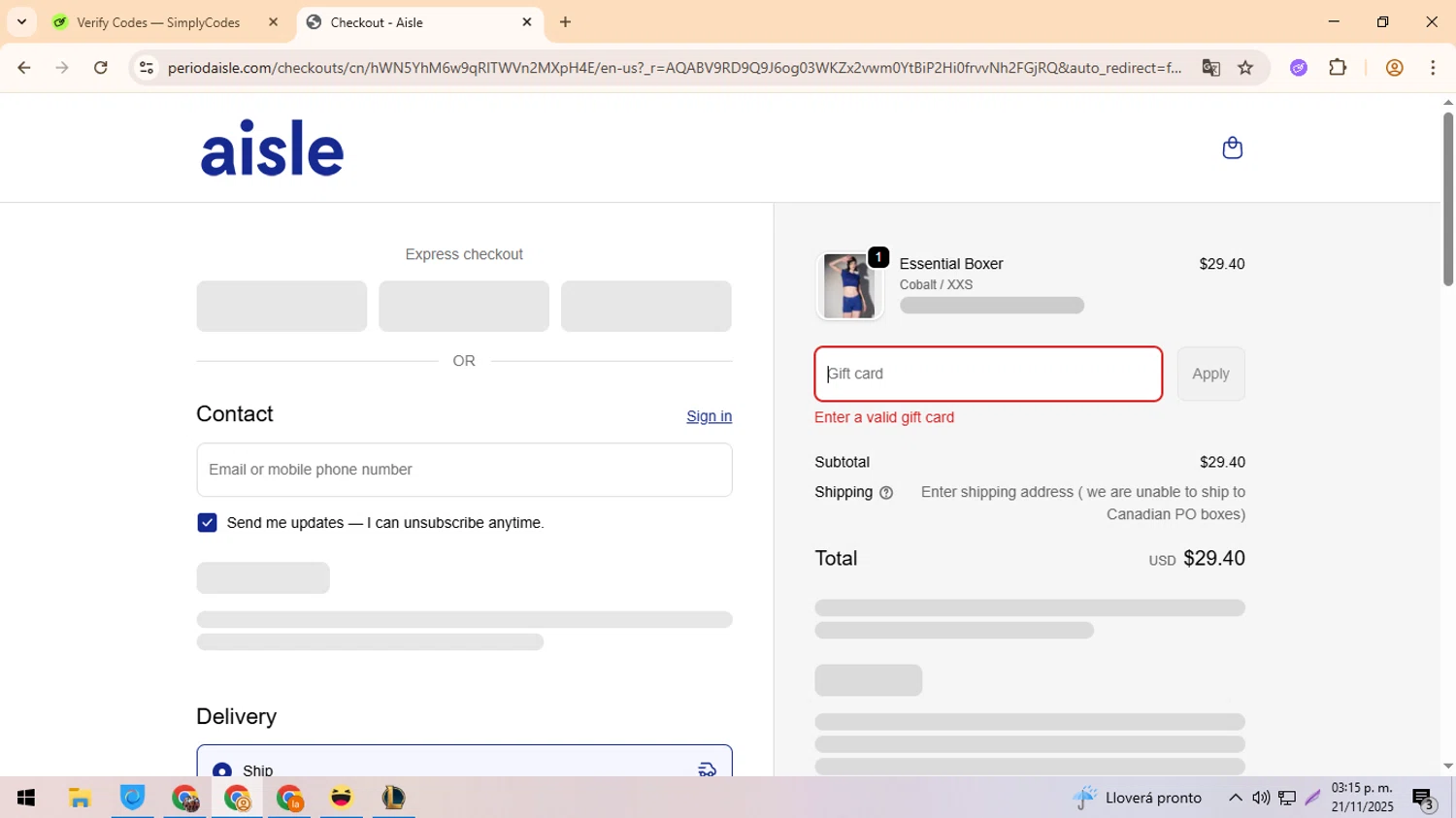 Aisle discount code screenshot showing code THEFILTERY applied at Aisle checkout page. Uploaded by SimplyCodes community member ylleneromero on Nov 21, 2025