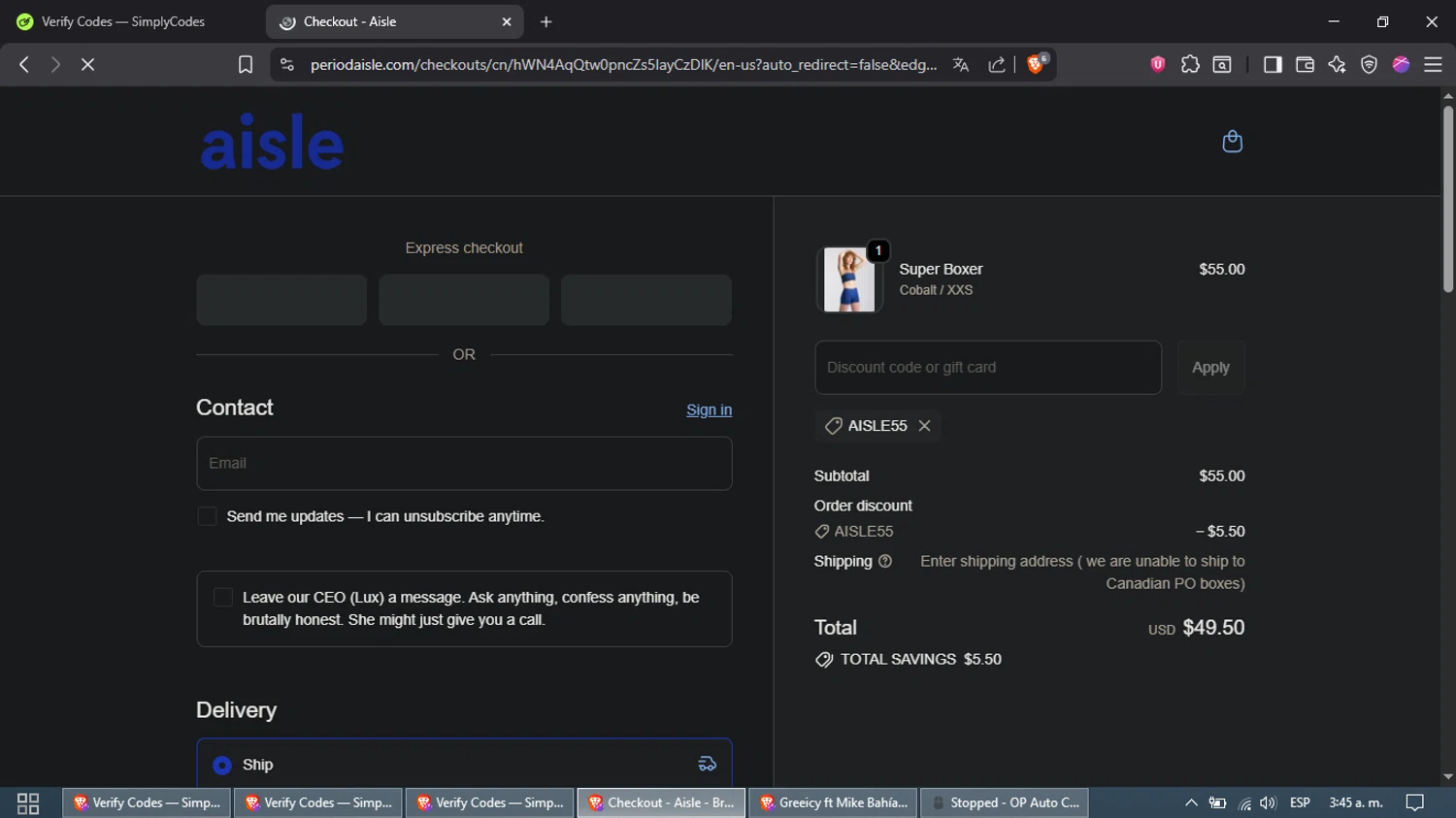 Aisle discount code screenshot showing code AISLE55 applied at Aisle checkout page. Uploaded by SimplyCodes community member Waynesmith on Oct 16, 2025