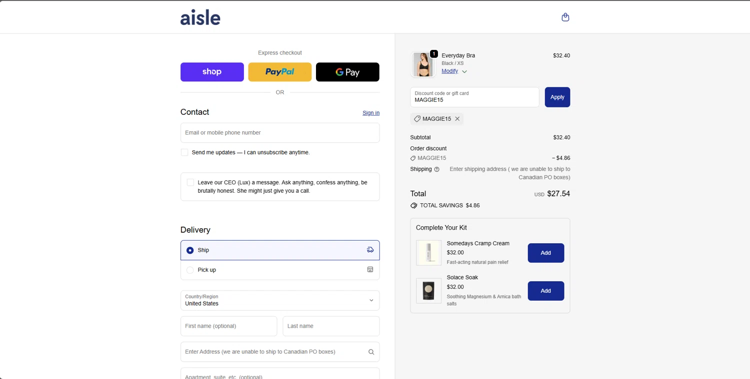 Aisle discount code screenshot showing code MAGGIE15 applied at Aisle checkout page. Uploaded by SimplyCodes community member Peluche on Dec 5, 2025