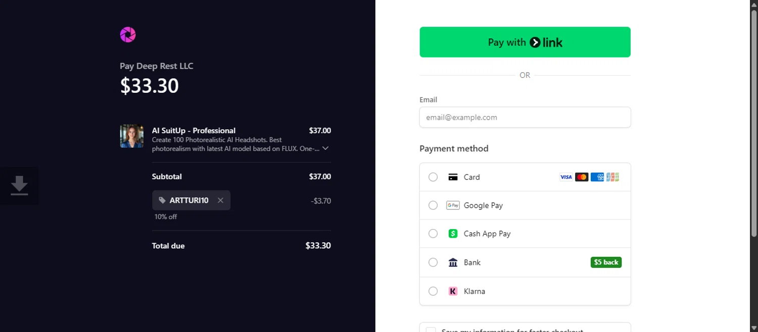 AI SuitUp promo code screenshot showing code ARTTURI10 applied at AI SuitUp checkout page. Uploaded by SimplyCodes community member 111111 on Nov 17, 2025