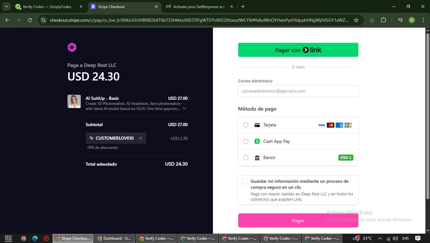 AI SuitUp promo code screenshot showing code CUSTOMERLOVE10 applied at AI SuitUp checkout page. Uploaded by SimplyCodes community member RoyalAdmiral5066 on May 25, 2025