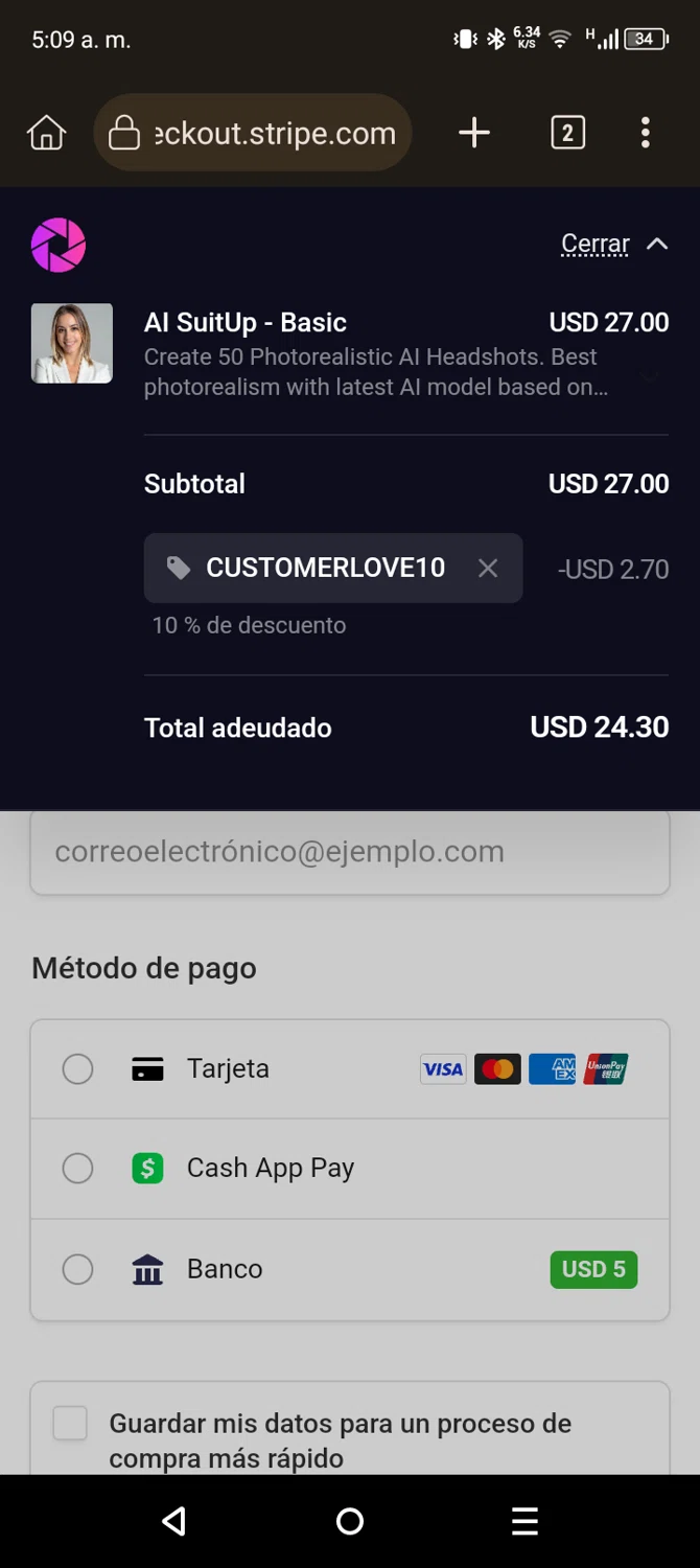 AI SuitUp promo code screenshot showing code CUSTOMERLOVE10 applied at AI SuitUp checkout page. Uploaded by SimplyCodes community member Son_Goku on Jun 29, 2025