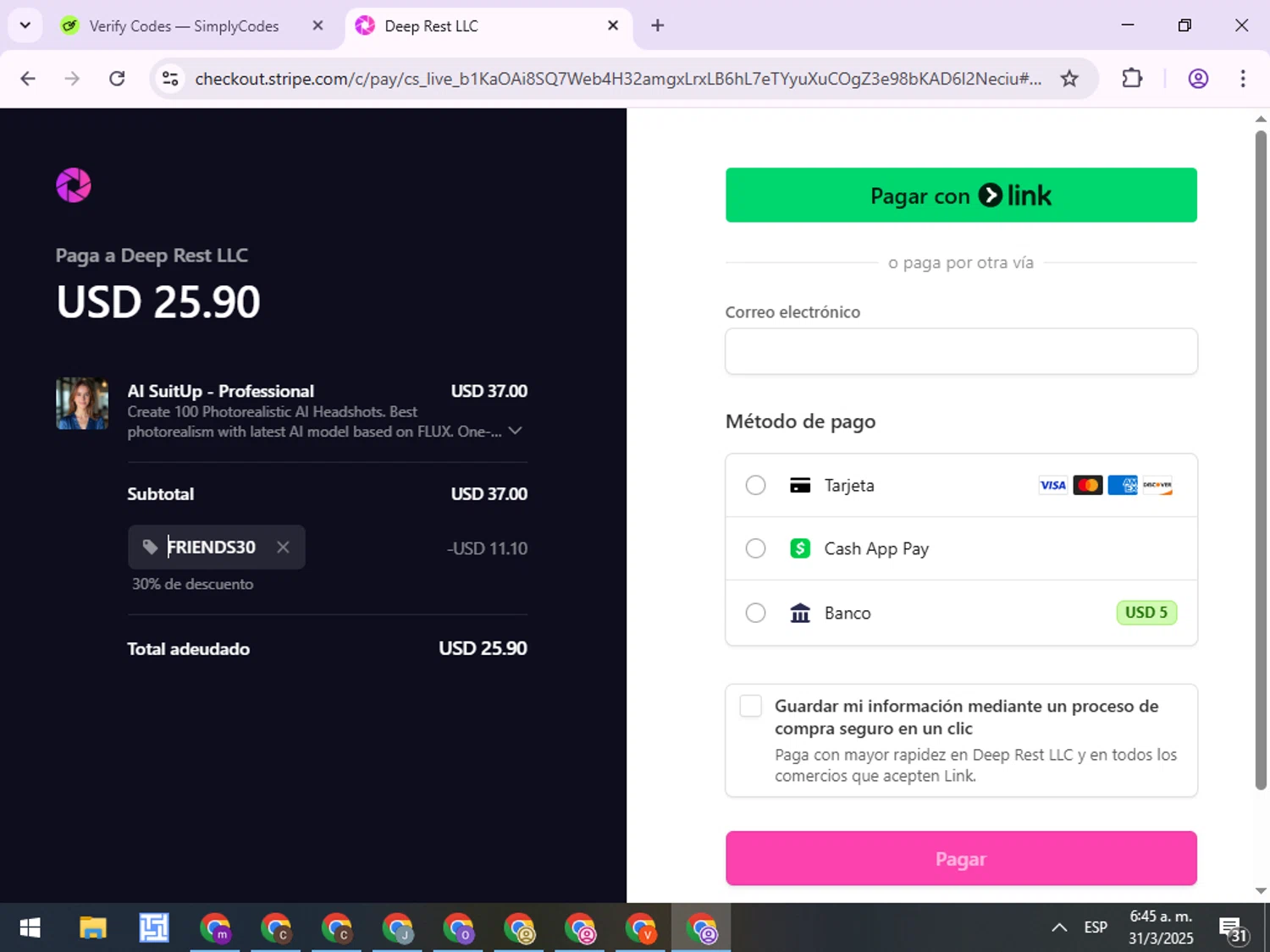 AI SuitUp promo code screenshot showing code FRIENDS30 applied at AI SuitUp checkout page. Uploaded by SimplyCodes community member ExtraordinaryPro8536 on Mar 31, 2025