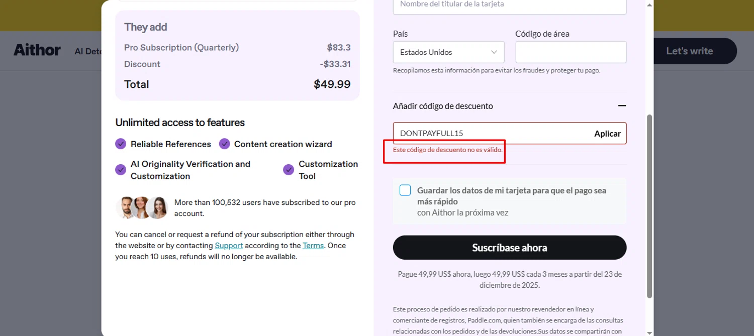 Aithor discount code screenshot showing code DONTPAYFULL15 applied at Aithor checkout page. Uploaded by SimplyCodes community member noworries on Sep 23, 2025