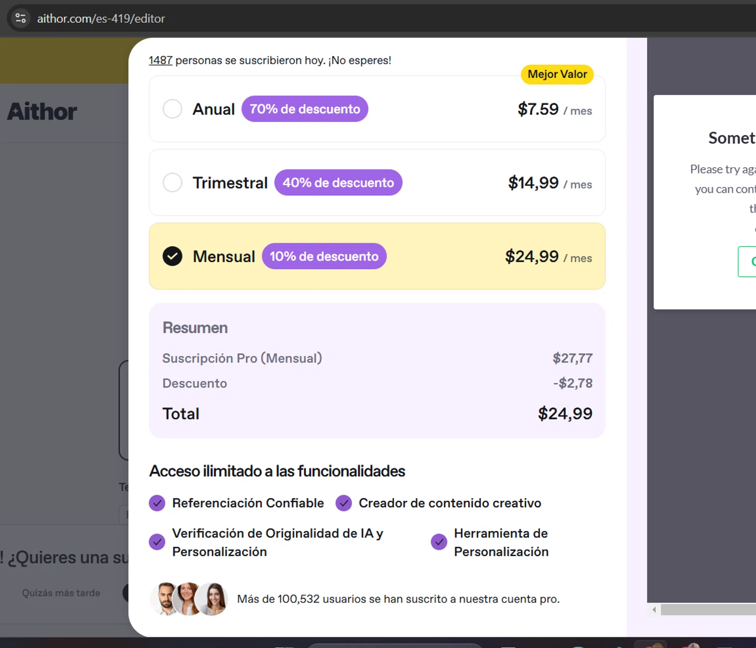 Aithor checkout page showing Aithor discount code box | Screenshot taken by SimplyCodes community member on Feb 6, 2025