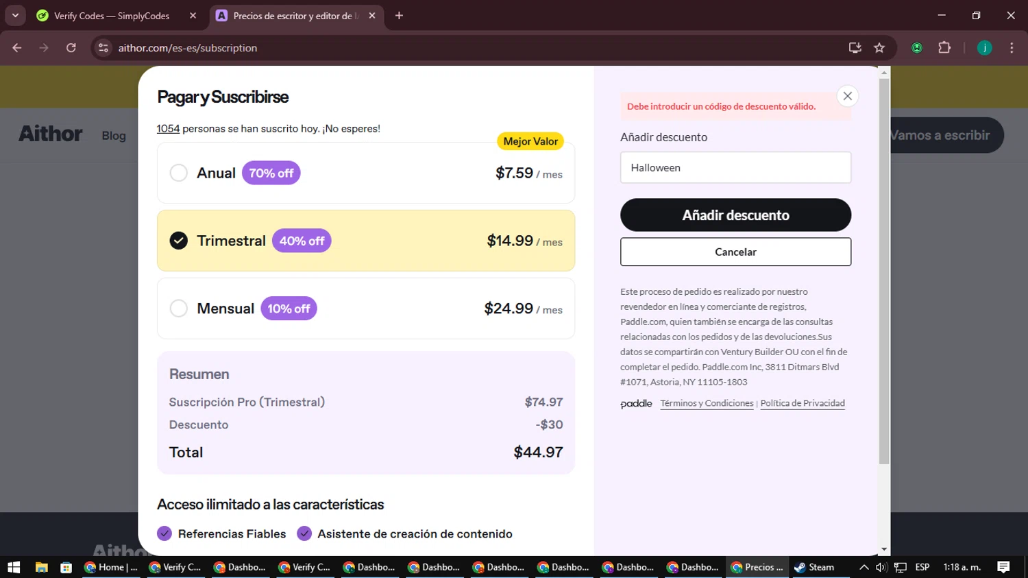 Aithor discount code screenshot showing code Halloween applied at Aithor checkout page. Uploaded by SimplyCodes community member BargainPilot6282 on Mar 6, 2025