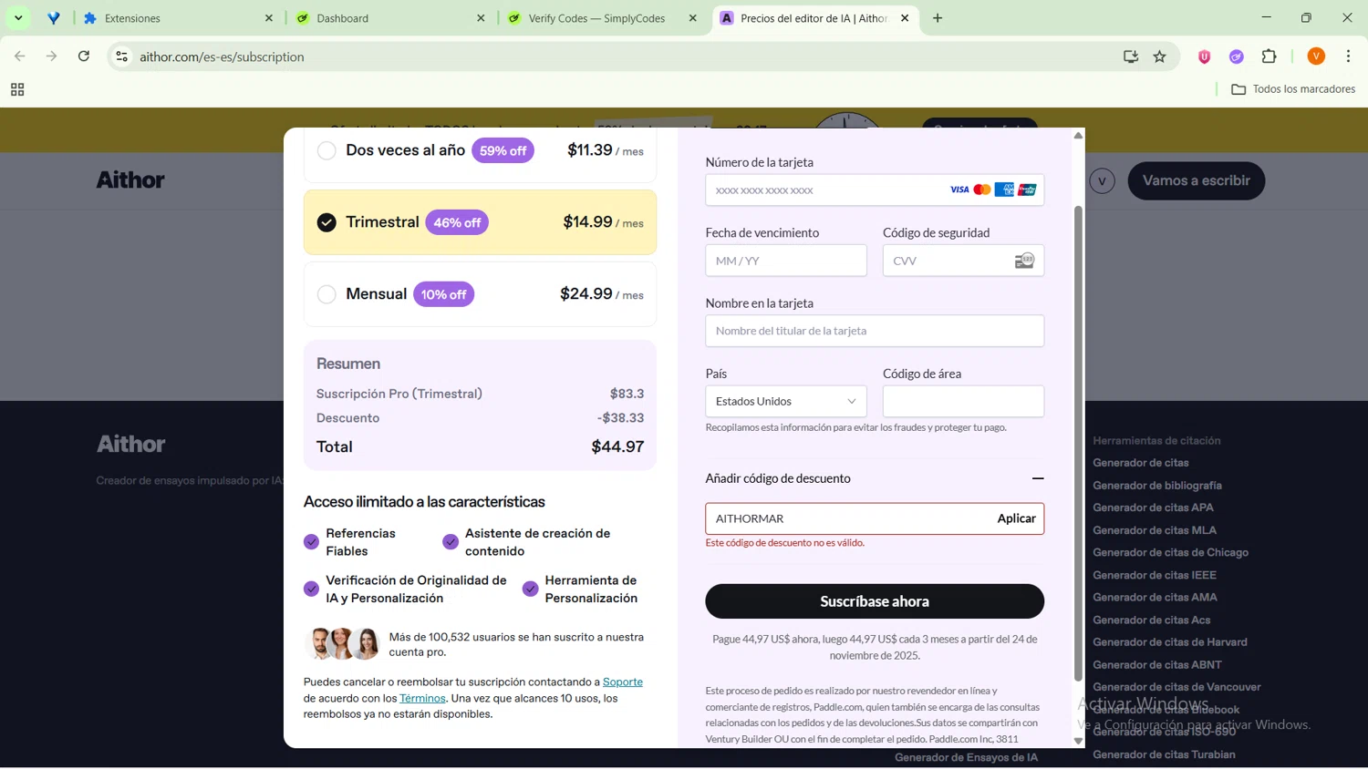 Aithor discount code screenshot showing code AITHORMAR applied at Aithor checkout page. Uploaded by SimplyCodes community member ExtraordinarySaver9637 on Aug 25, 2025
