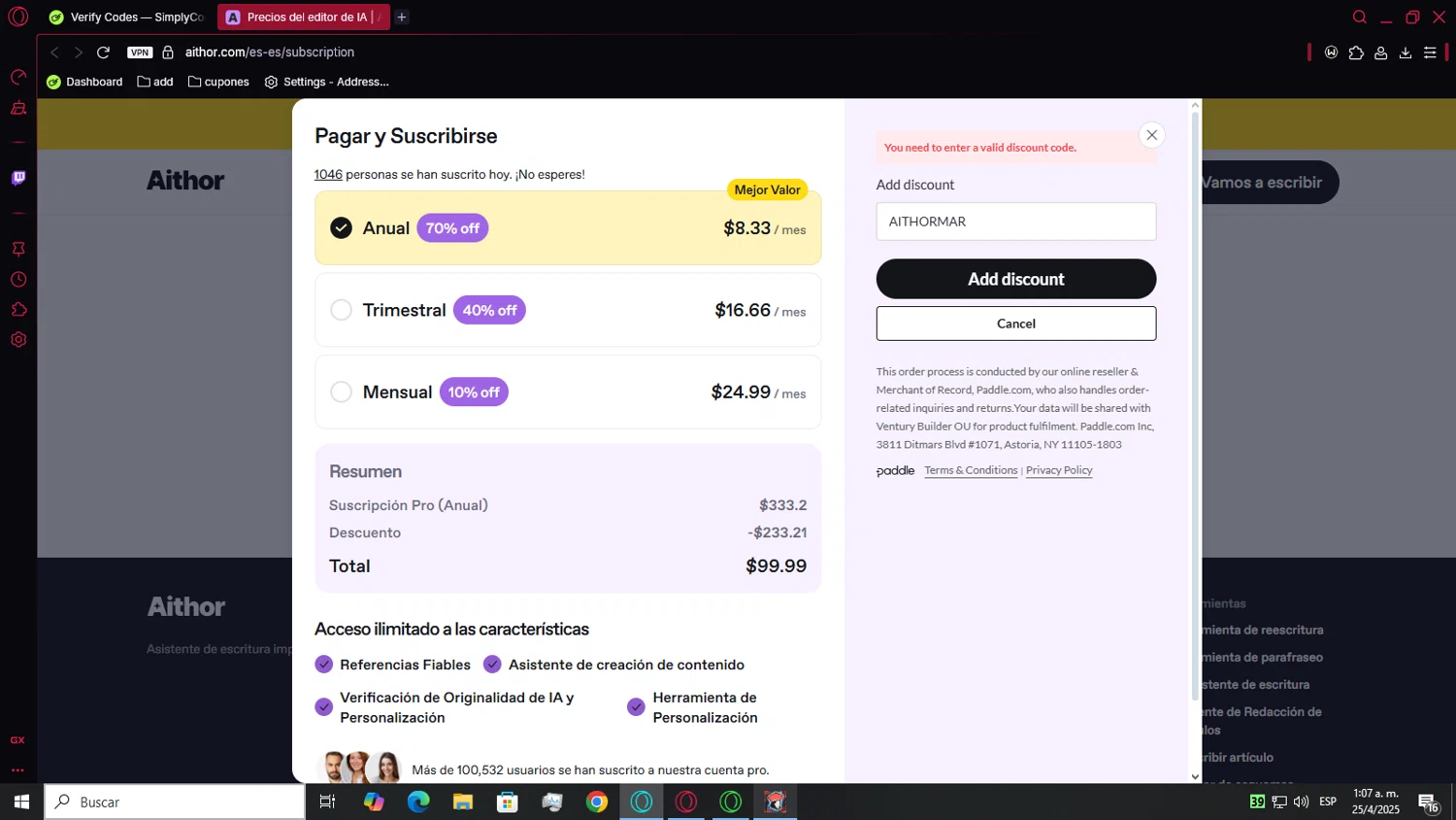 Aithor discount code screenshot showing code AITHORMAR applied at Aithor checkout page. Uploaded by SimplyCodes community member Mortek on Apr 25, 2025