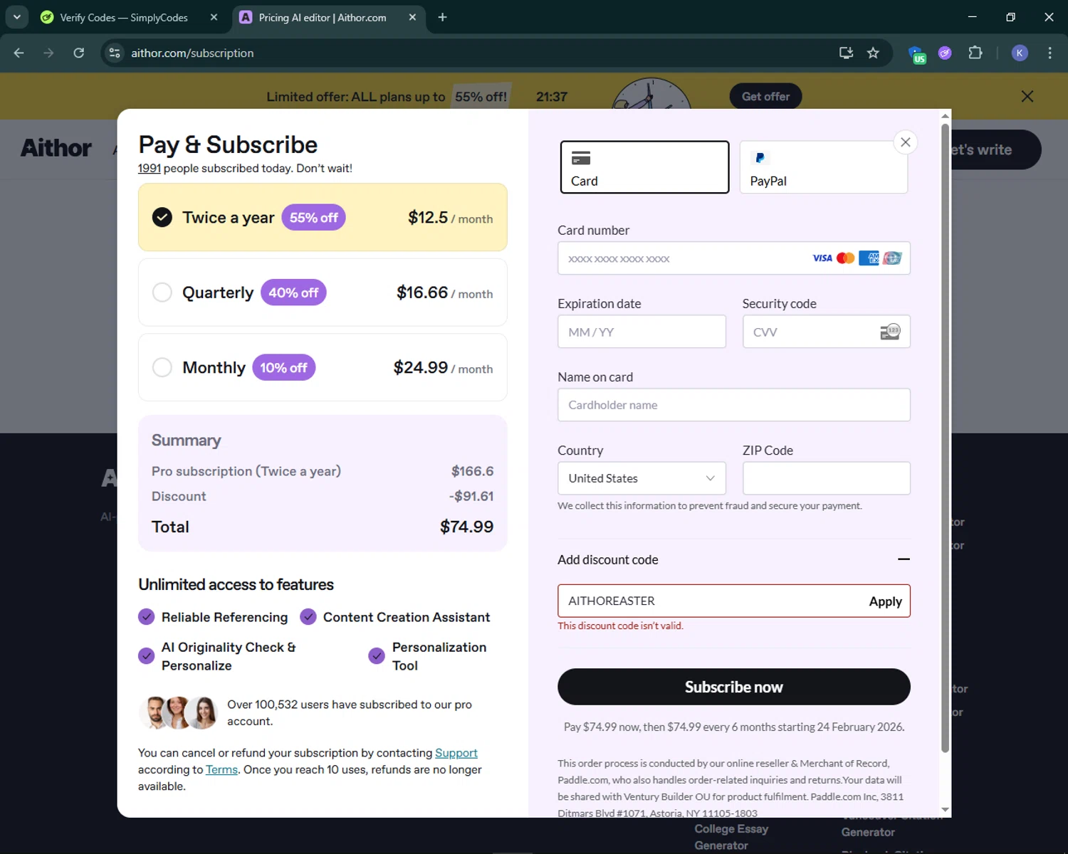 Aithor discount code screenshot showing code AITHOREASTER applied at Aithor checkout page. Uploaded by SimplyCodes community member KevLapage on Aug 25, 2025
