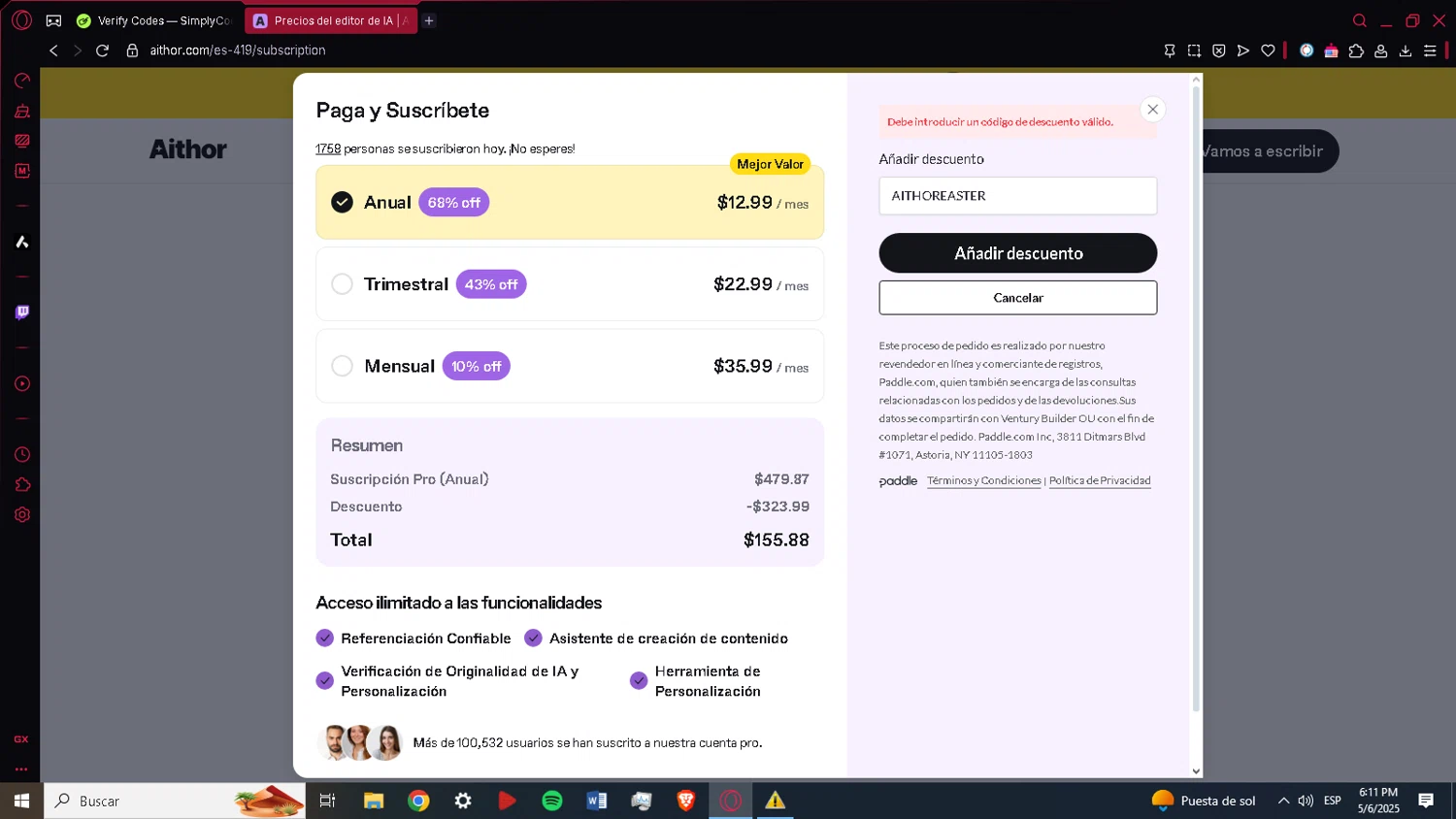 Aithor discount code screenshot showing code AITHOREASTER applied at Aithor checkout page. Uploaded by SimplyCodes community member ACIDOSULFURICO on May 6, 2025