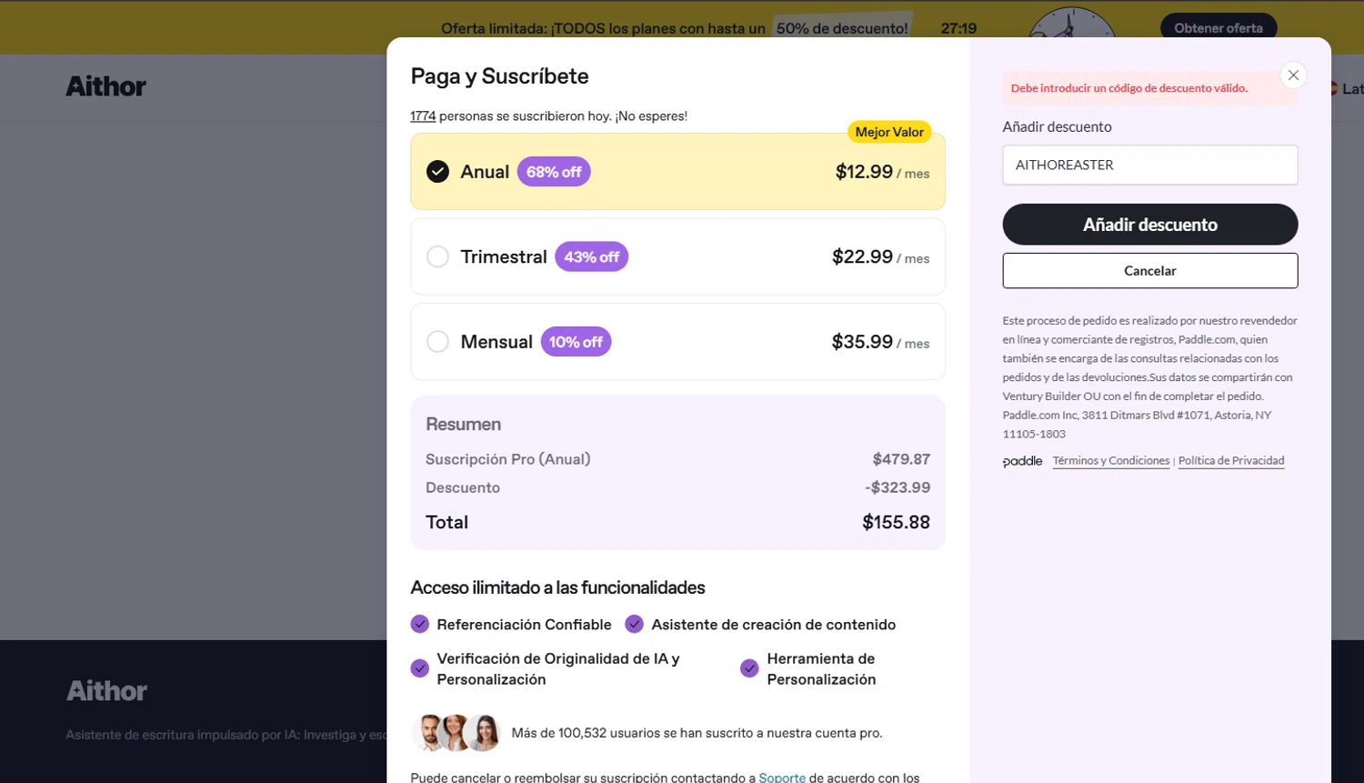 Aithor discount code screenshot showing code AITHOREASTER applied at Aithor checkout page. Uploaded by SimplyCodes community member TULA515 on May 6, 2025