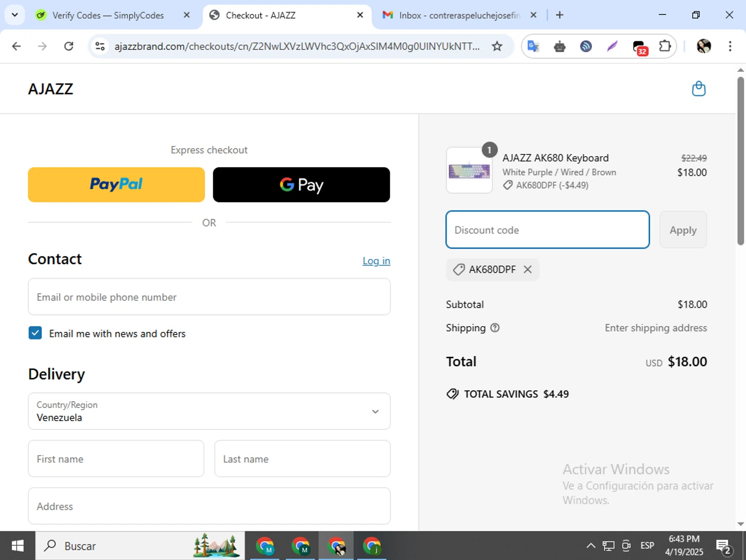 AJAZZ discount code screenshot showing code AK680DPF applied at AJAZZ checkout page. Uploaded by SimplyCodes community member mariapolancog on Apr 19, 2025