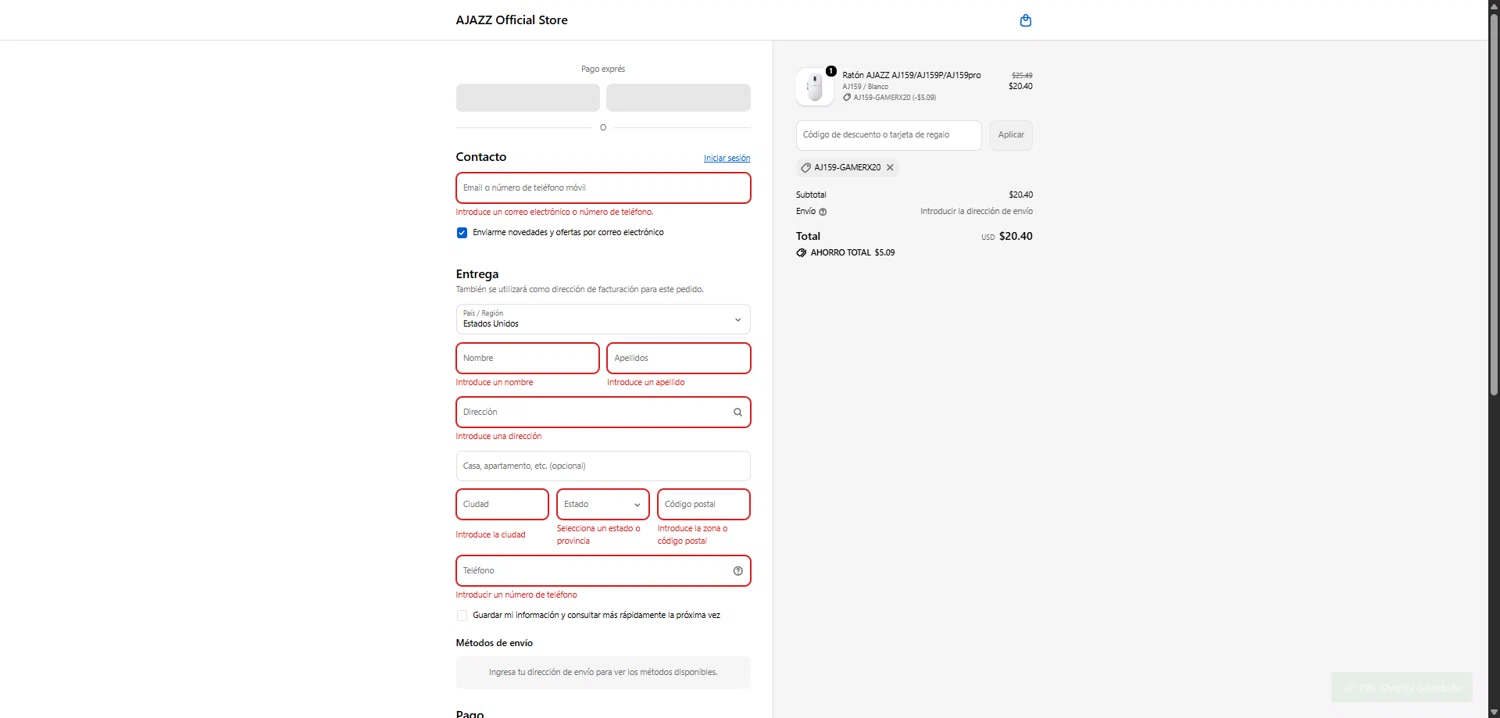 AJAZZ discount code screenshot showing code AJ159-GAMERX20 applied at AJAZZ checkout page. Uploaded by SimplyCodes community member RobertWalter on Dec 10, 2025