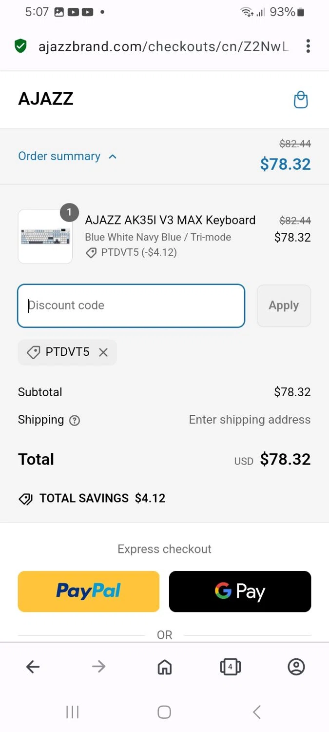 AJAZZ discount code screenshot showing code PTDVT5 applied at AJAZZ checkout page. Uploaded by SimplyCodes community member MoneyMaven5115 on Mar 8, 2025