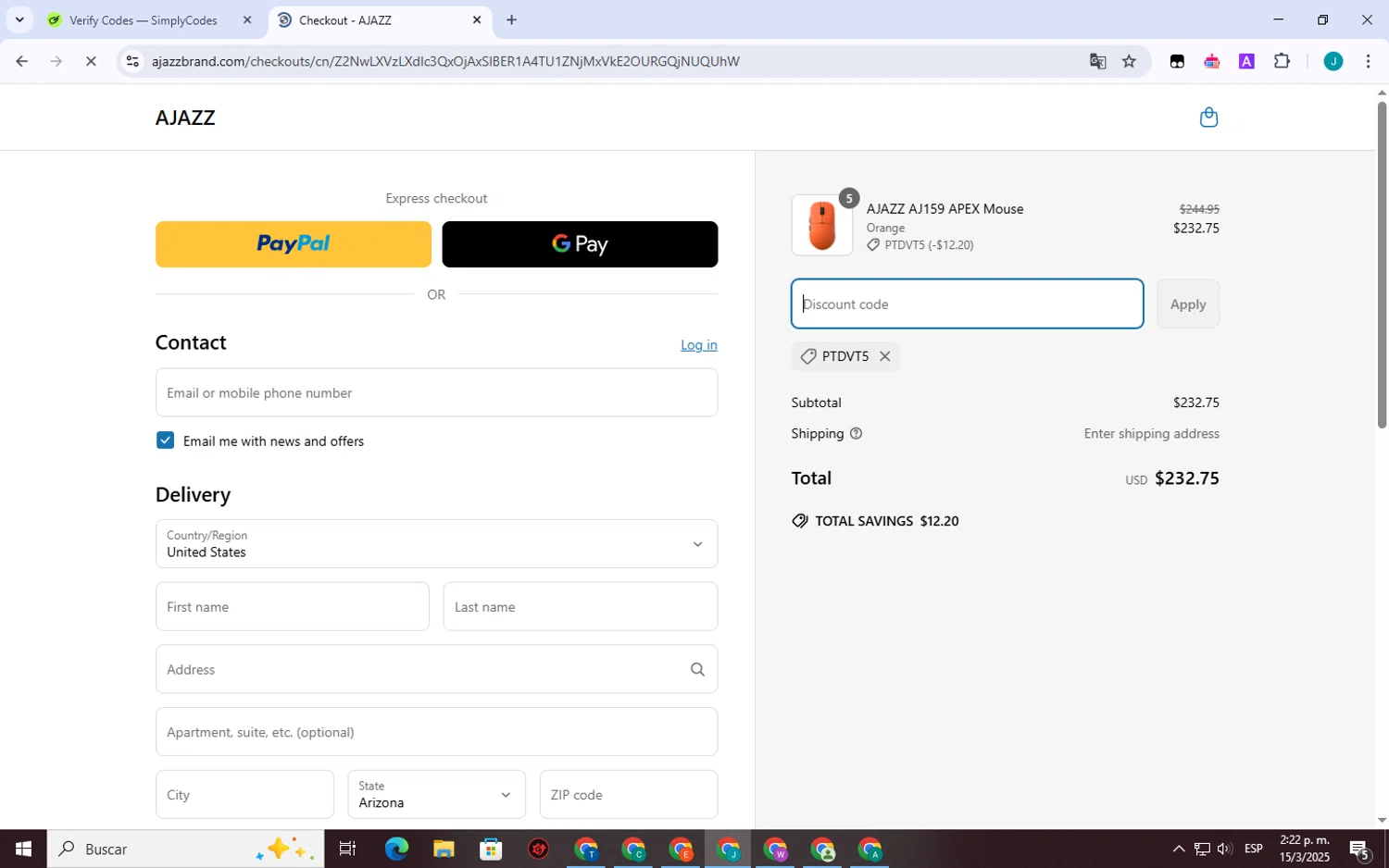 AJAZZ discount code screenshot showing code PTDVT5 applied at AJAZZ checkout page. Uploaded by SimplyCodes community member VictoriousSpotter751 on Mar 15, 2025