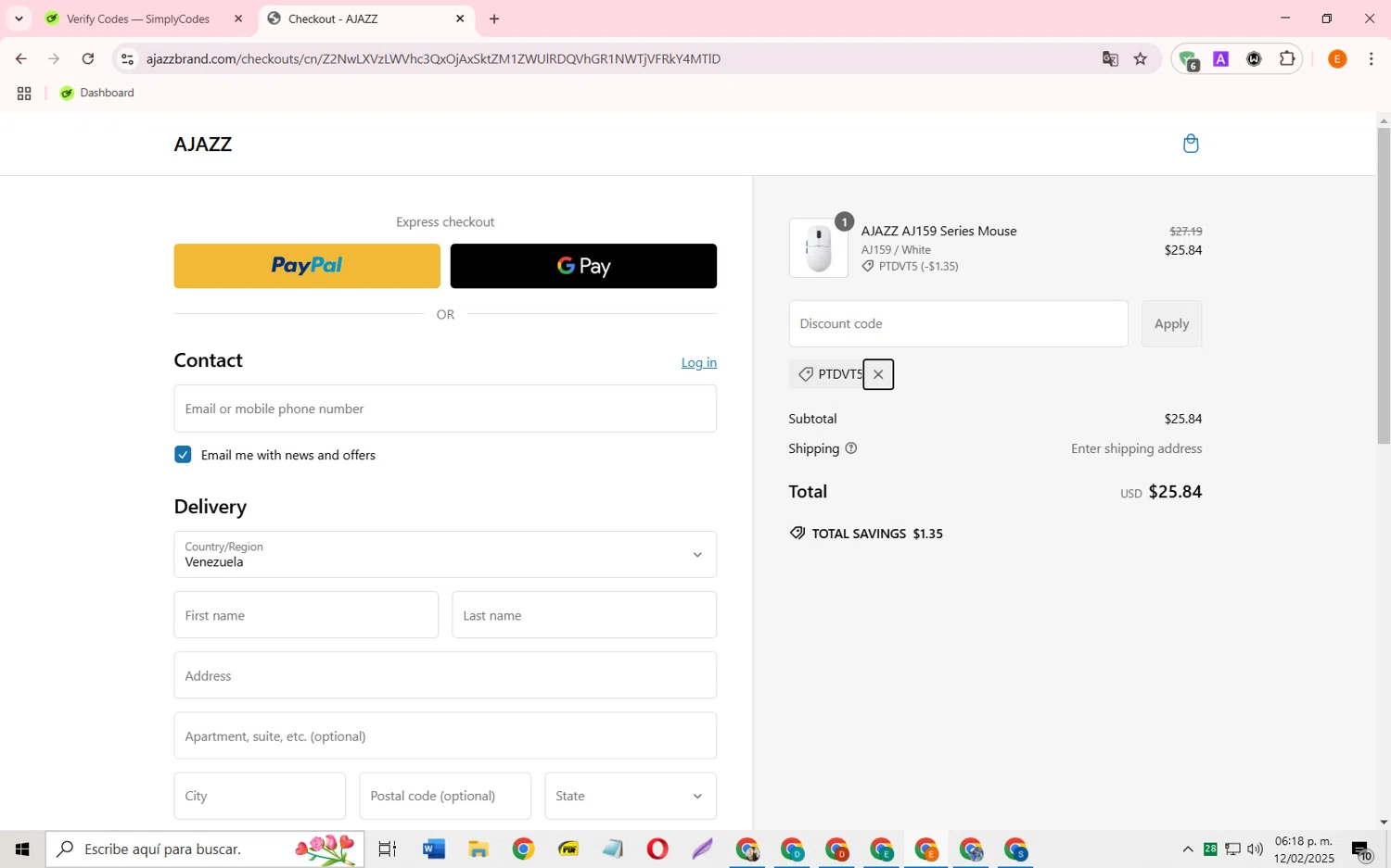 AJAZZ discount code screenshot showing code PTDVT5 applied at AJAZZ checkout page. Uploaded by SimplyCodes community member RewardFalcon3197 on Feb 12, 2025