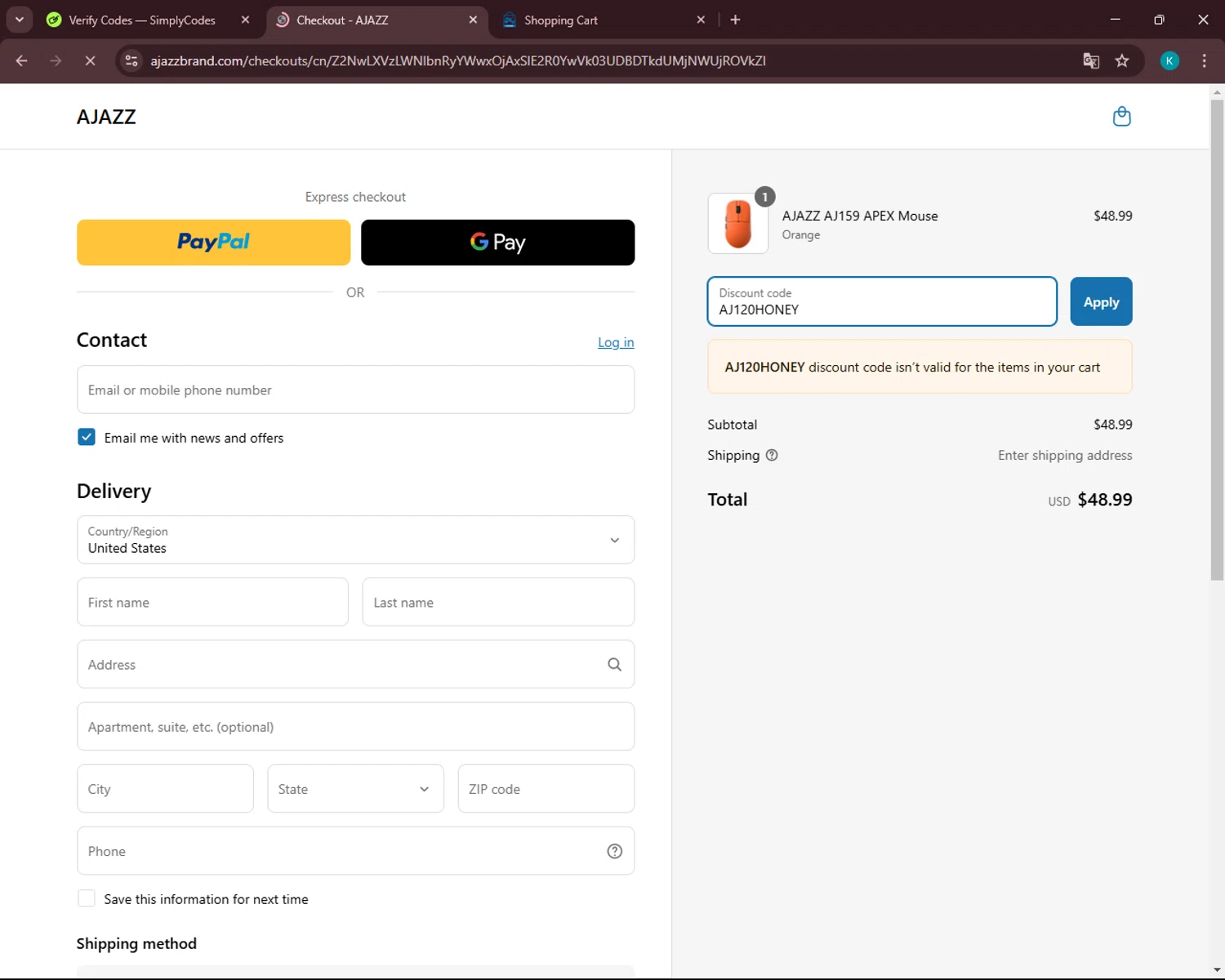 AJAZZ discount code screenshot showing code AJ120HONEY applied at AJAZZ checkout page. Uploaded by SimplyCodes community member VoucherSleuth3236 on Mar 25, 2025