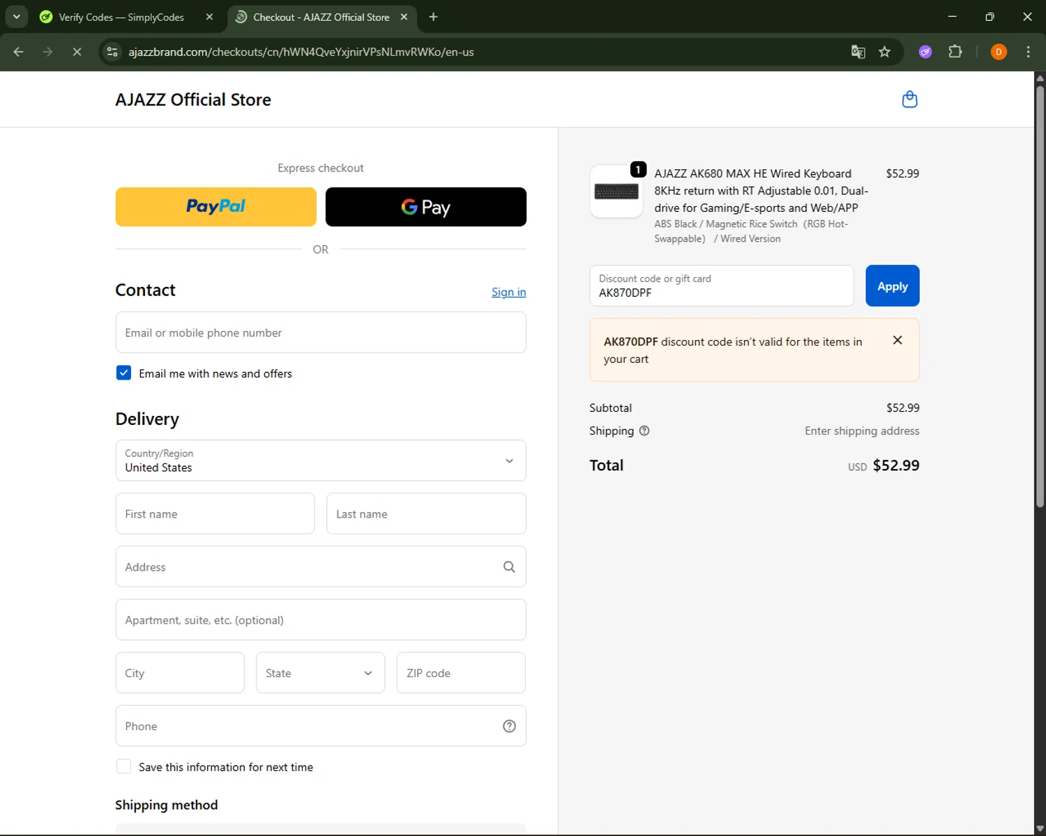 AJAZZ discount code screenshot showing code AK870DPF applied at AJAZZ checkout page. Uploaded by SimplyCodes community member FrugalFalcon351 on Oct 23, 2025