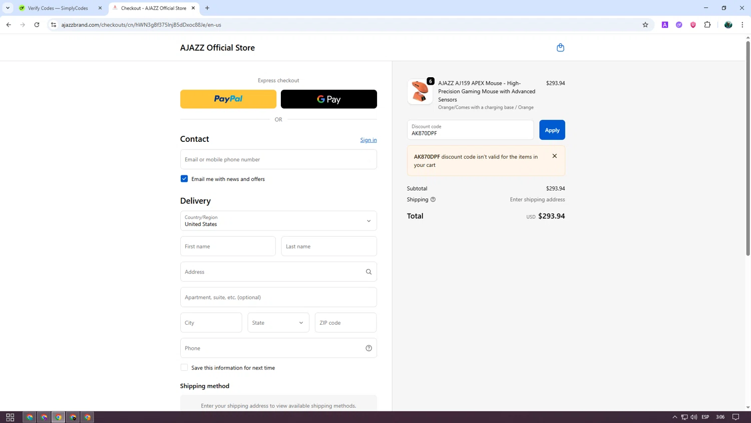 AJAZZ discount code screenshot showing code AK870DPF applied at AJAZZ checkout page. Uploaded by SimplyCodes community member neurioandrades on Oct 3, 2025