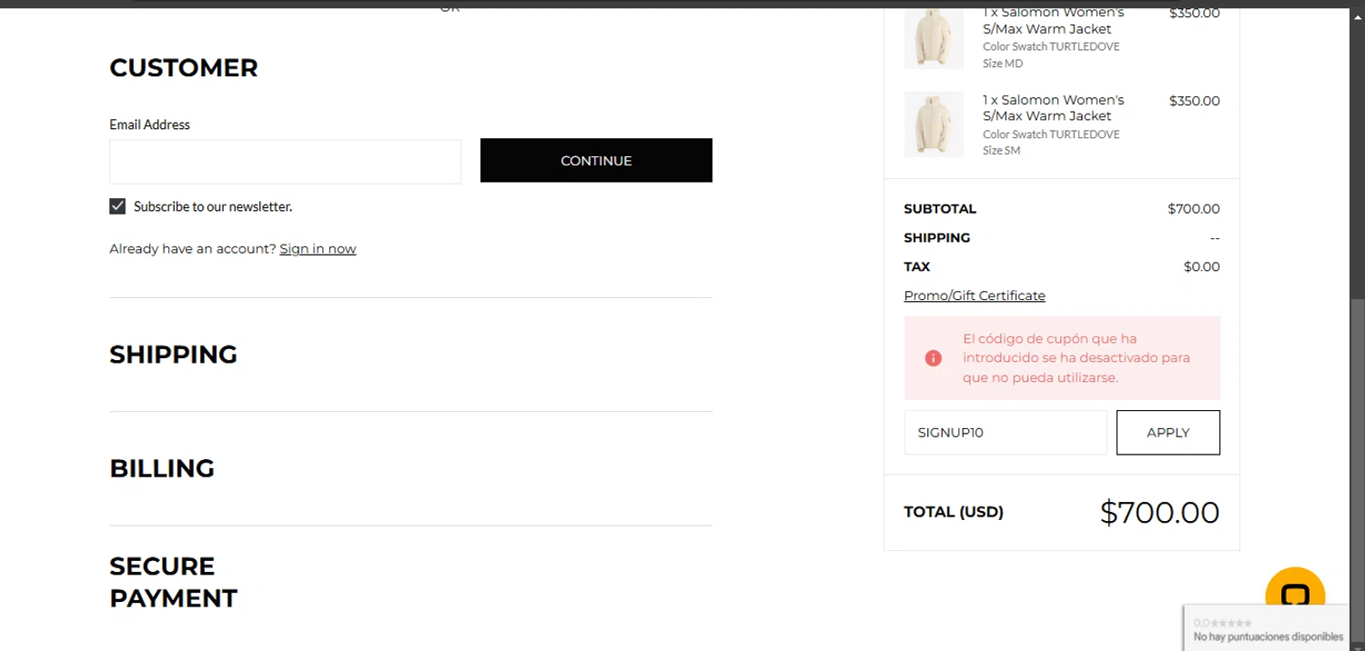 AJ's Ski & Sports promo code screenshot showing code SIGNUP10 applied at AJ's Ski & Sports checkout page. Uploaded by SimplyCodes community member Egni_149037891 on Jan 19, 2025