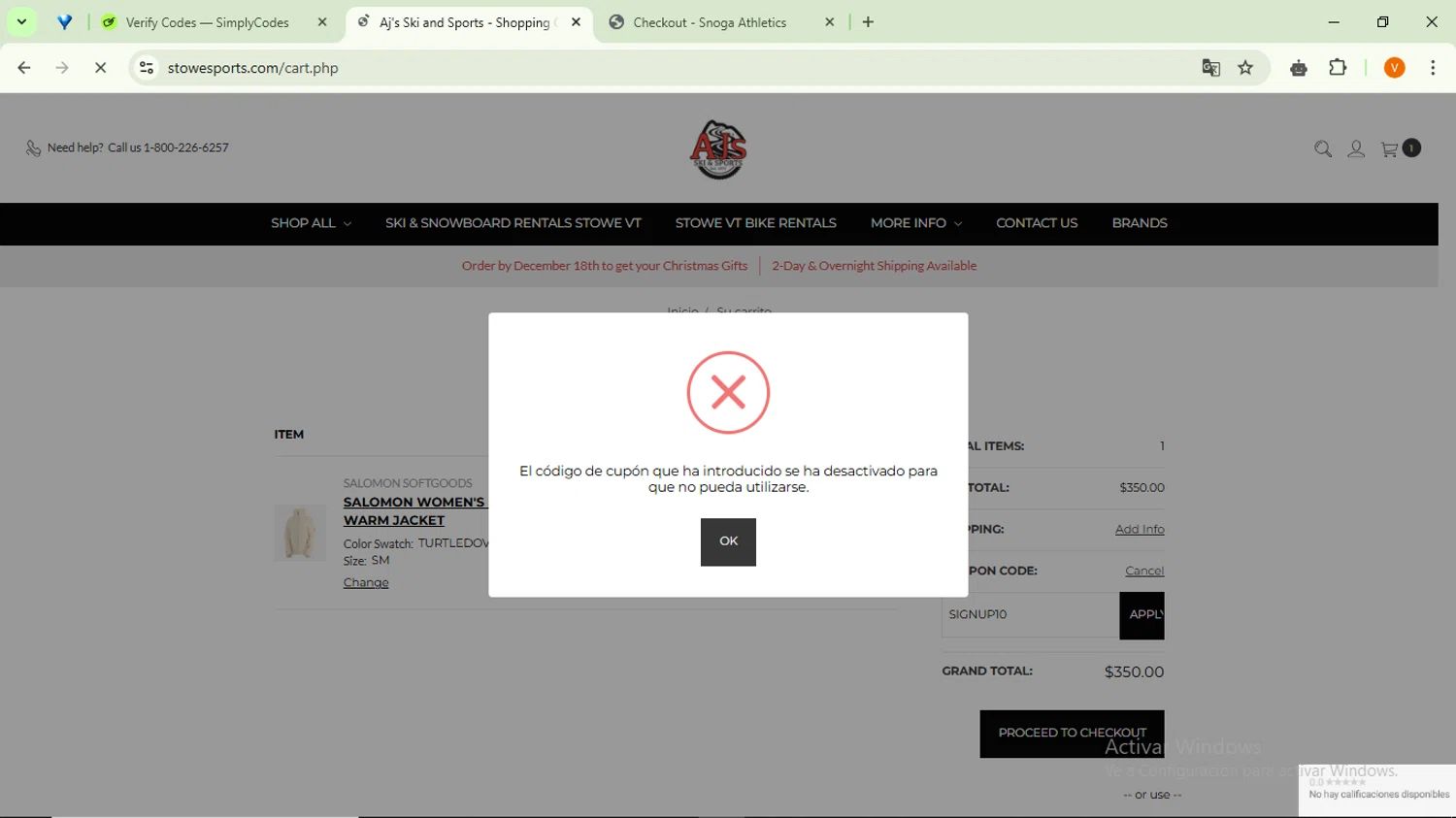 AJ's Ski & Sports promo code screenshot showing code SIGNUP10 applied at AJ's Ski & Sports checkout page. Uploaded by SimplyCodes community member SavingsFinder9954 on Jan 19, 2025