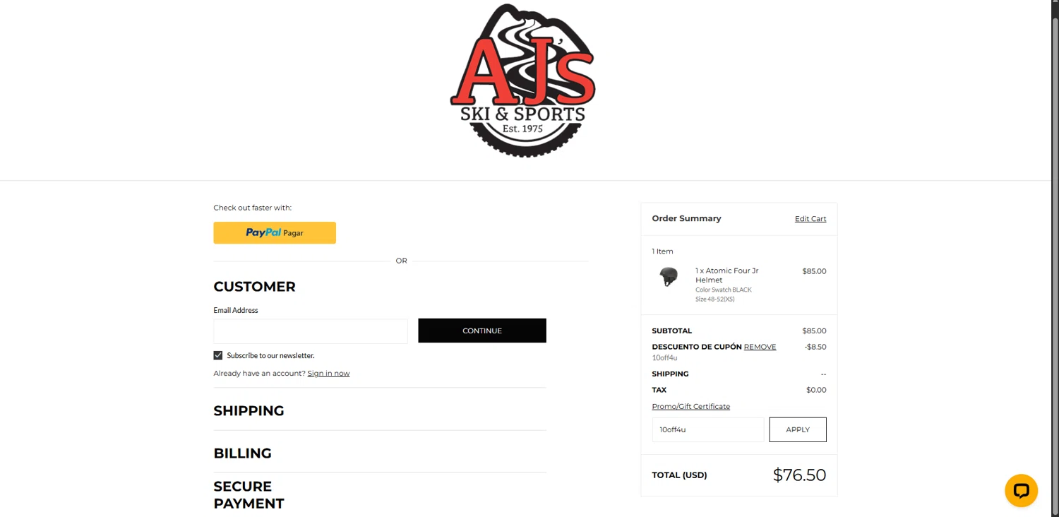AJ's Ski & Sports promo code screenshot showing code 10off4u applied at AJ's Ski & Sports checkout page. Uploaded by SimplyCodes community member GloriousCollector3551 on Nov 3, 2025