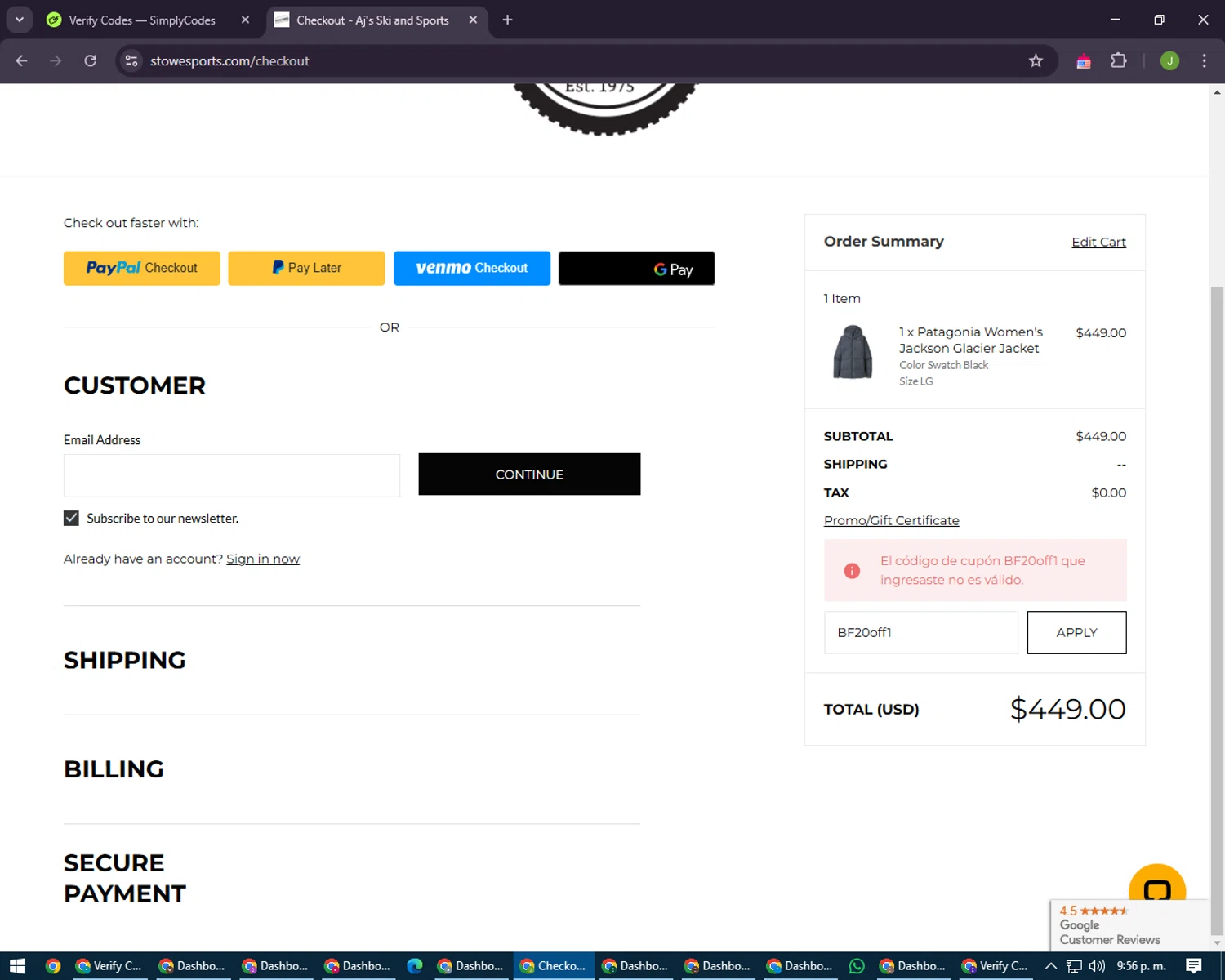 AJ's Ski & Sports promo code screenshot showing code BF20off1 applied at AJ's Ski & Sports checkout page. Uploaded by SimplyCodes community member LilBaby on Feb 19, 2025