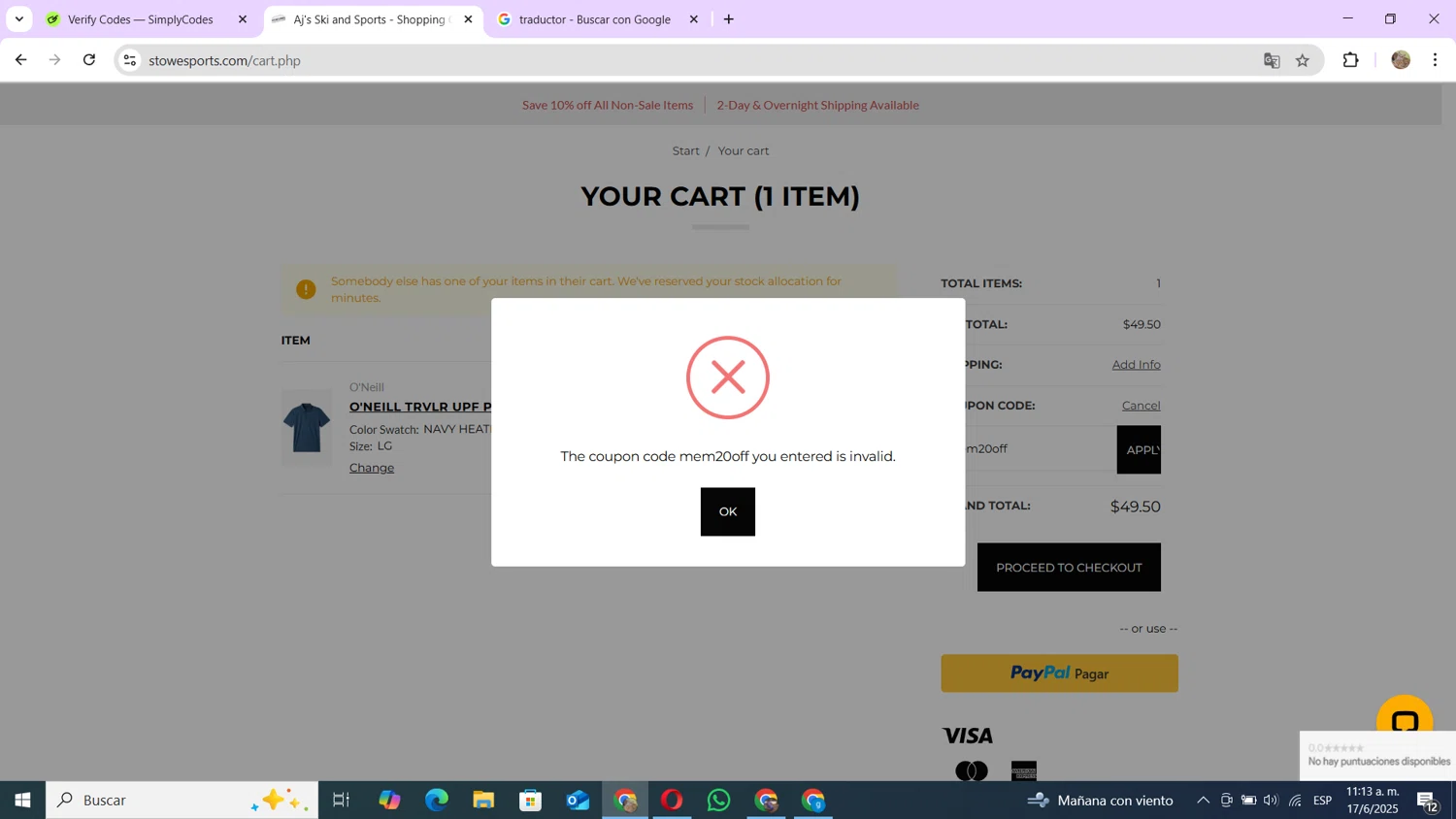 AJ's Ski & Sports promo code screenshot showing code mem20off applied at AJ's Ski & Sports checkout page. Uploaded by SimplyCodes community member andres100 on Jun 17, 2025