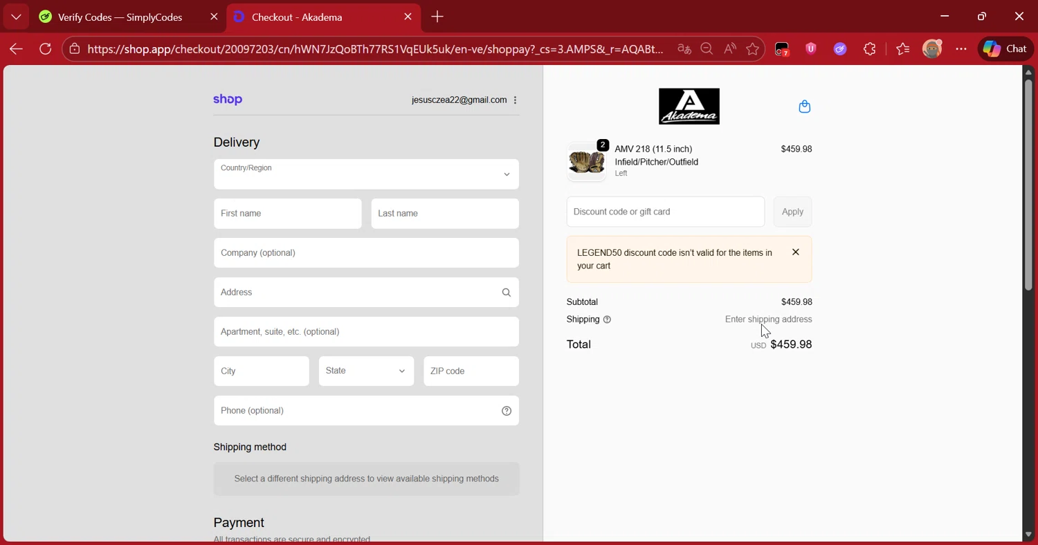 Akadema promo code screenshot showing code legend50 applied at Akadema checkout page. Uploaded by SimplyCodes community member DiscountScout1417 on Jan 7, 2026