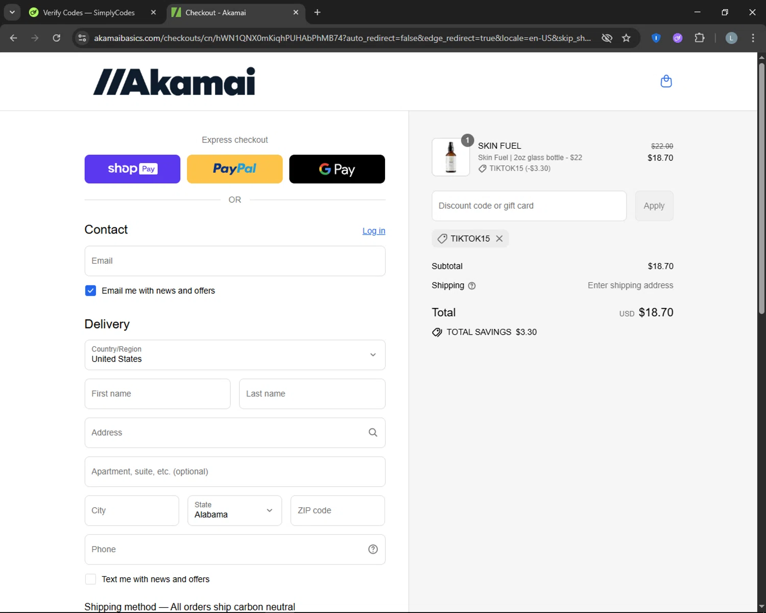 Akamai Basics discount code screenshot showing code Tiktok15 applied at Akamai Basics checkout page. Uploaded by SimplyCodes community member CashTracker4266 on Aug 4, 2025