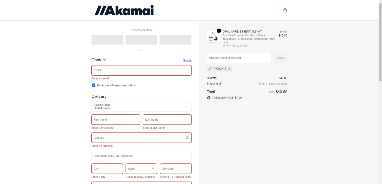 Akamai Basics discount code screenshot showing code Tiktok15 applied at Akamai Basics checkout page. Uploaded by SimplyCodes community member ScanRanger3503 on Oct 14, 2025