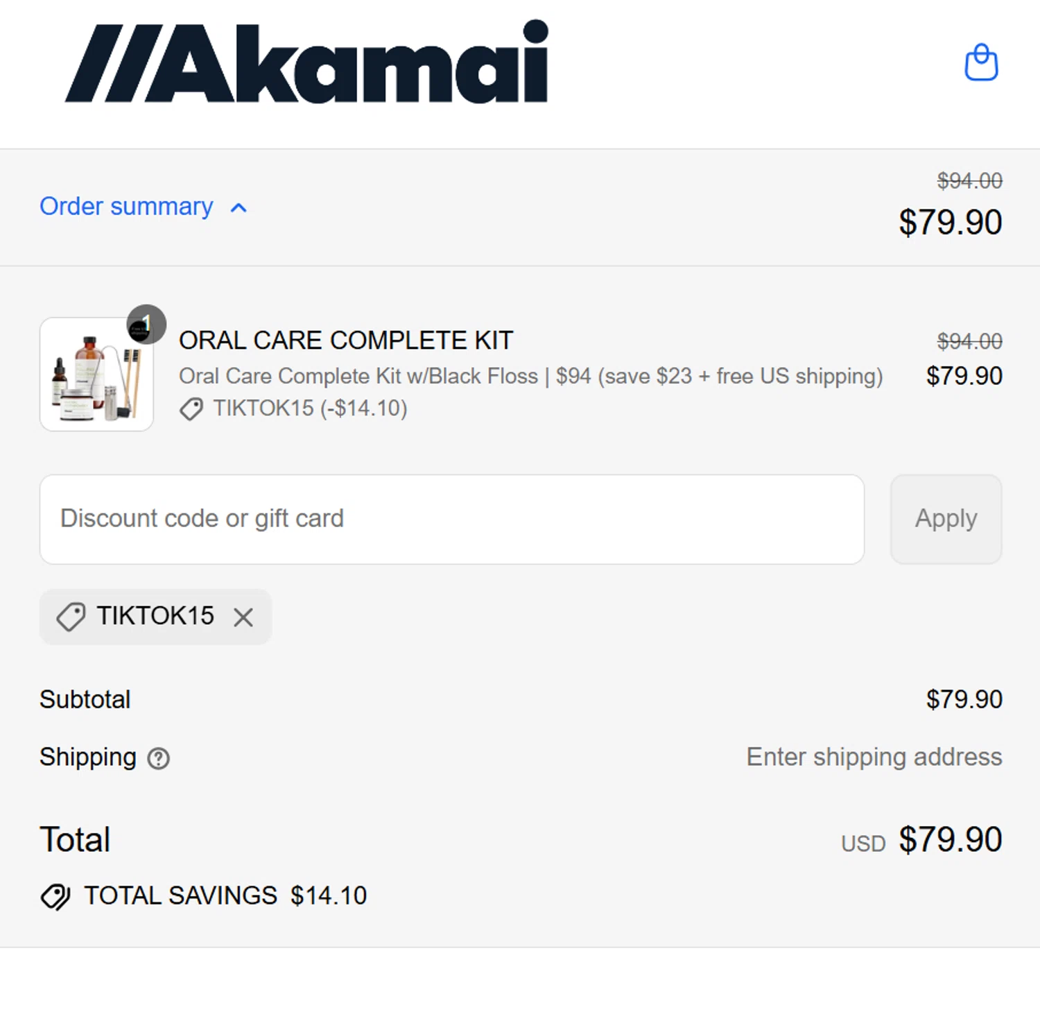 Akamai Basics discount code screenshot showing code Tiktok15 applied at Akamai Basics checkout page. Uploaded by SimplyCodes community member dragonjeffer_93a9 on Aug 22, 2025