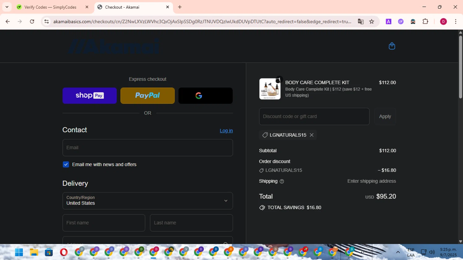 Akamai Basics discount code screenshot showing code LGNATURALS15 applied at Akamai Basics checkout page. Uploaded by SimplyCodes community member EpicSaver9948 on Jul 9, 2025