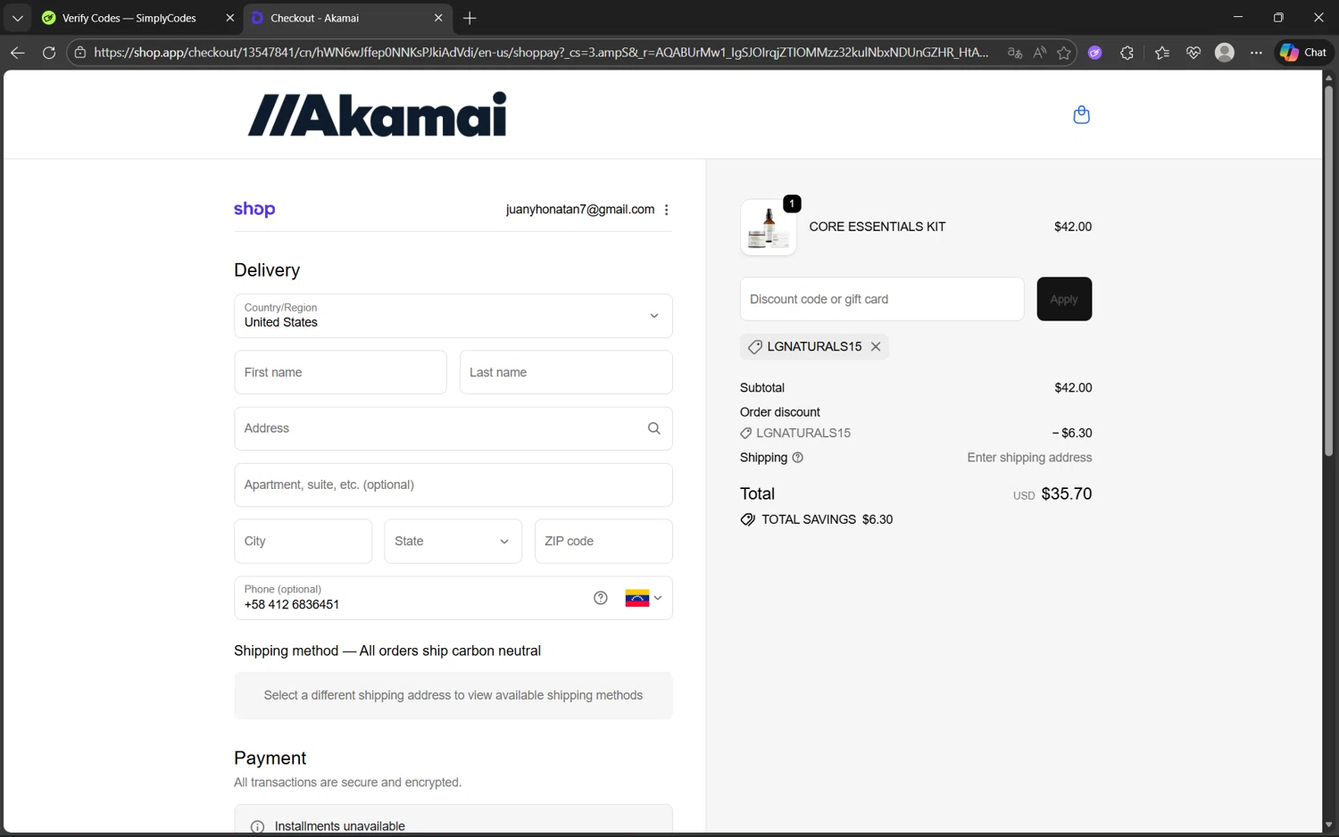Akamai Basics discount code screenshot showing code LGNATURALS15 applied at Akamai Basics checkout page. Uploaded by SimplyCodes community member juan1702 on Dec 28, 2025
