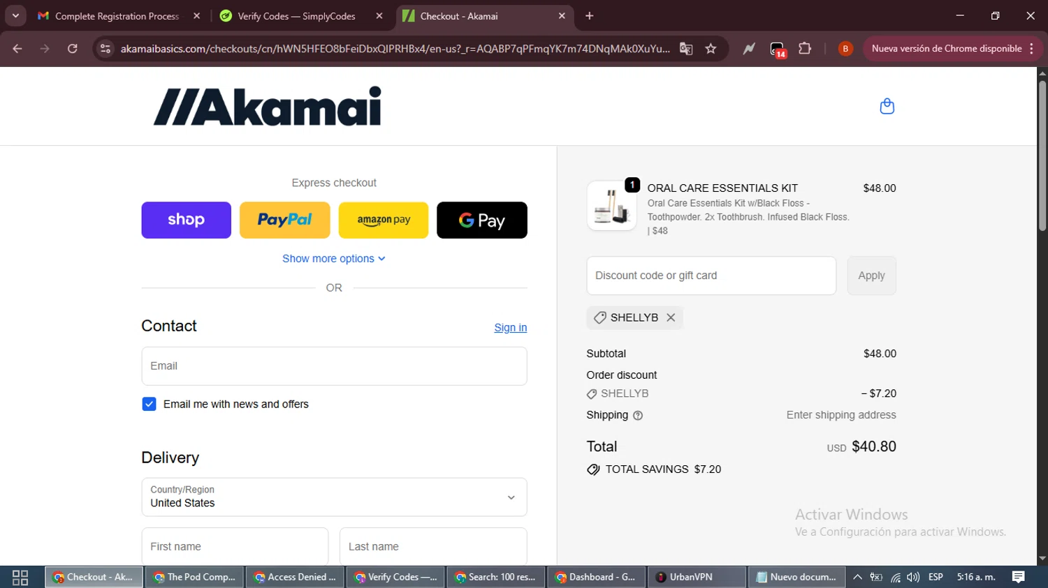 Akamai Basics discount code screenshot showing code SHELLYB applied at Akamai Basics checkout page. Uploaded by SimplyCodes community member DiscountExpert6435 on Nov 14, 2025