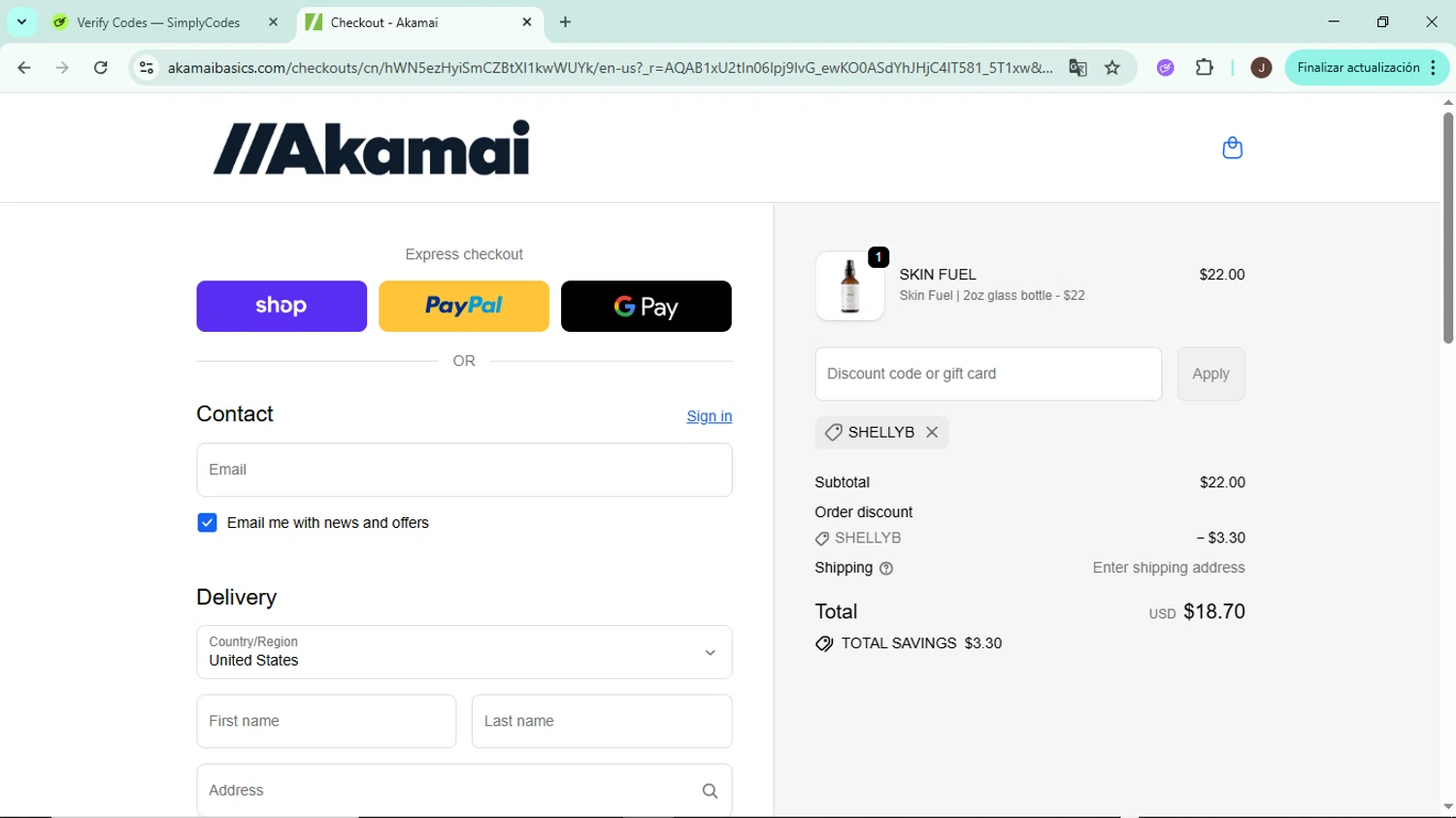 Akamai Basics discount code screenshot showing code SHELLYB applied at Akamai Basics checkout page. Uploaded by SimplyCodes community member LegendaryAce8627 on Nov 24, 2025