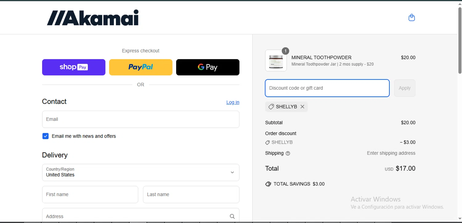 Akamai Basics discount code screenshot showing code SHELLYB applied at Akamai Basics checkout page. Uploaded by SimplyCodes community member SwiftPhoenix267 on Mar 23, 2025