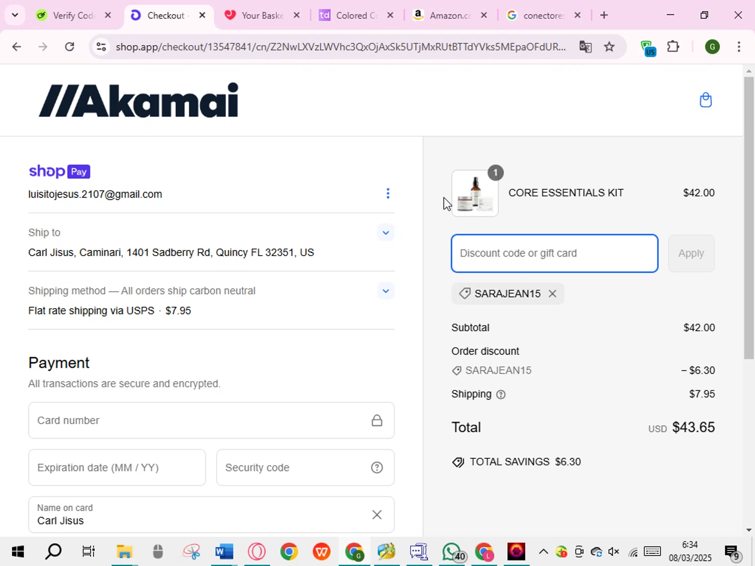Akamai Basics discount code screenshot showing code SARAJEAN15 applied at Akamai Basics checkout page. Uploaded by SimplyCodes community member RoyalVirtuoso7438 on Mar 8, 2025