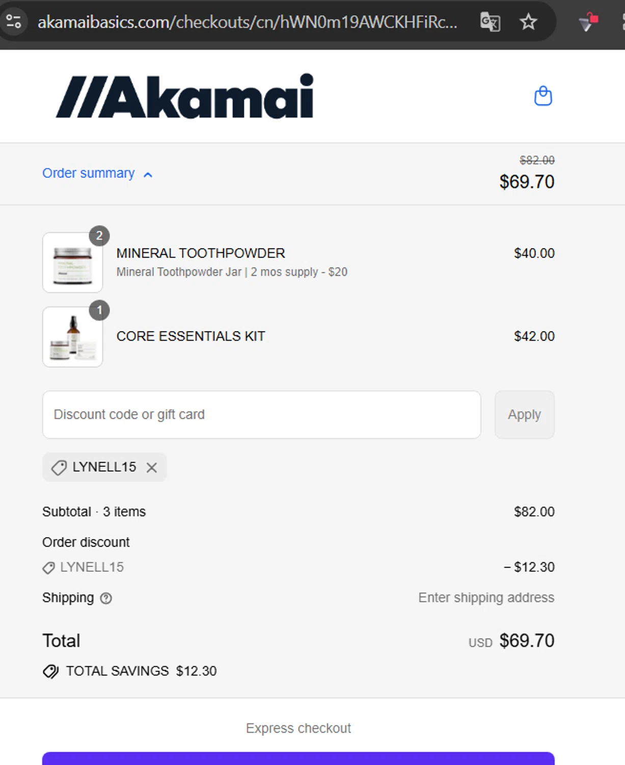 Akamai Basics discount code screenshot showing code Lynell15 applied at Akamai Basics checkout page. Uploaded by SimplyCodes community member LaCalix3000 on Jul 18, 2025